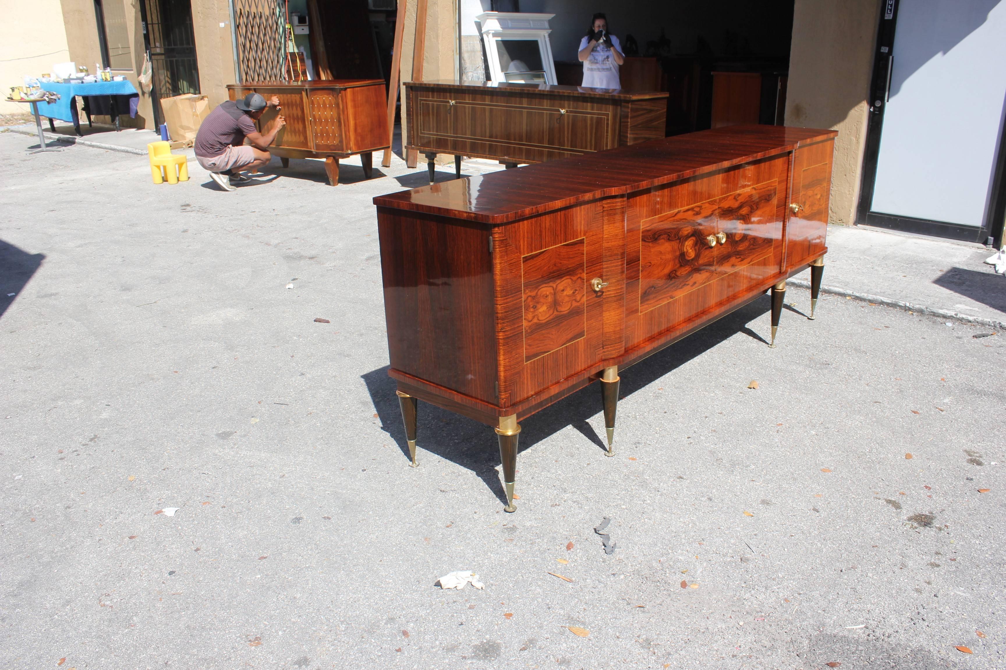 Long French Art Deco Macassar Exotic Sideboard / Credenza / Buffet, circa 1940s In Distressed Condition In Hialeah, FL