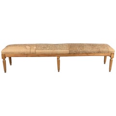 Antique Long French Bench upholstered in African Kuba Cloth