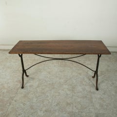 Long French Cast Iron Bistro Table or Garden Table with Oak Top, Circa 1900