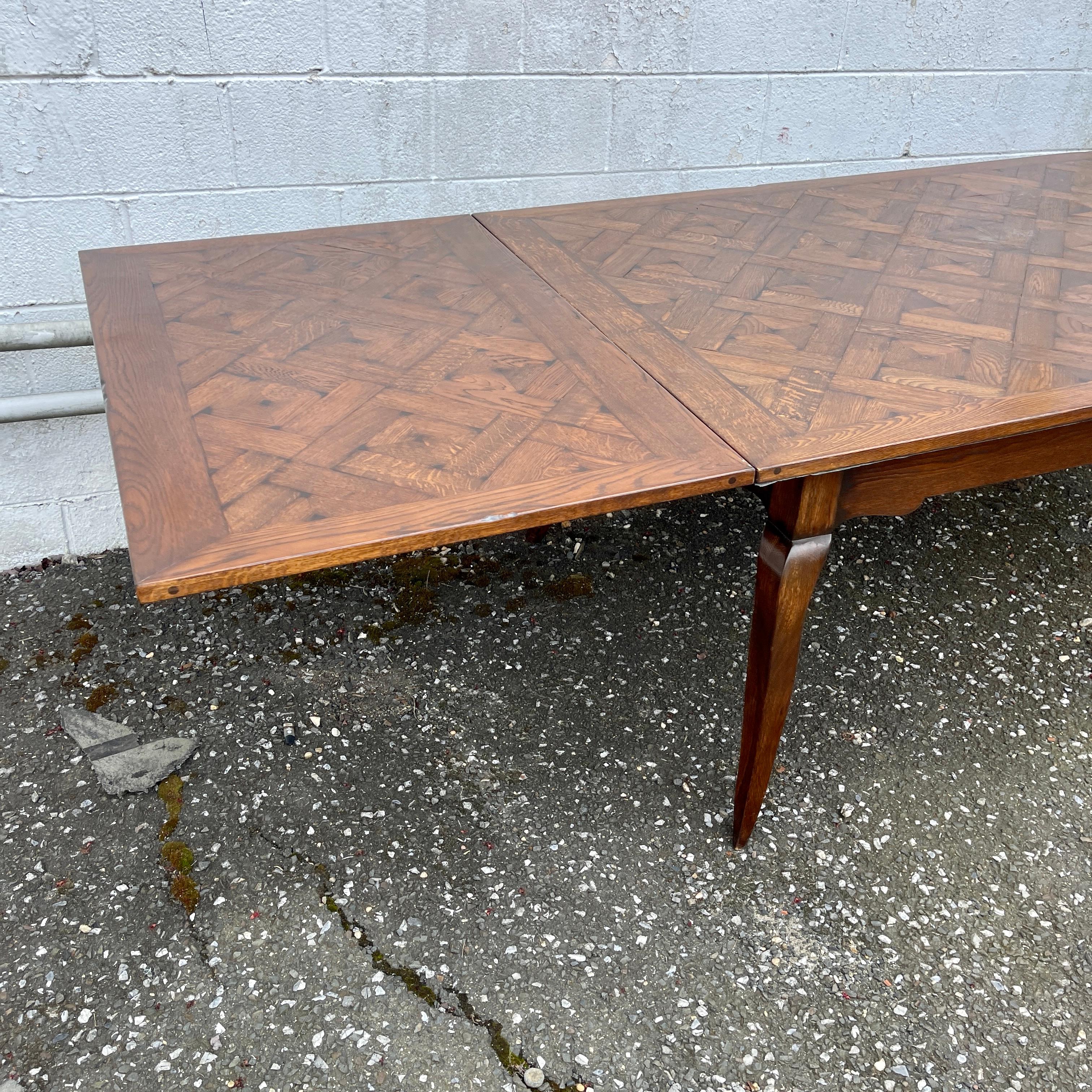 Long French Country Provincial Parquet Top Extension Farm Table For Sale 4