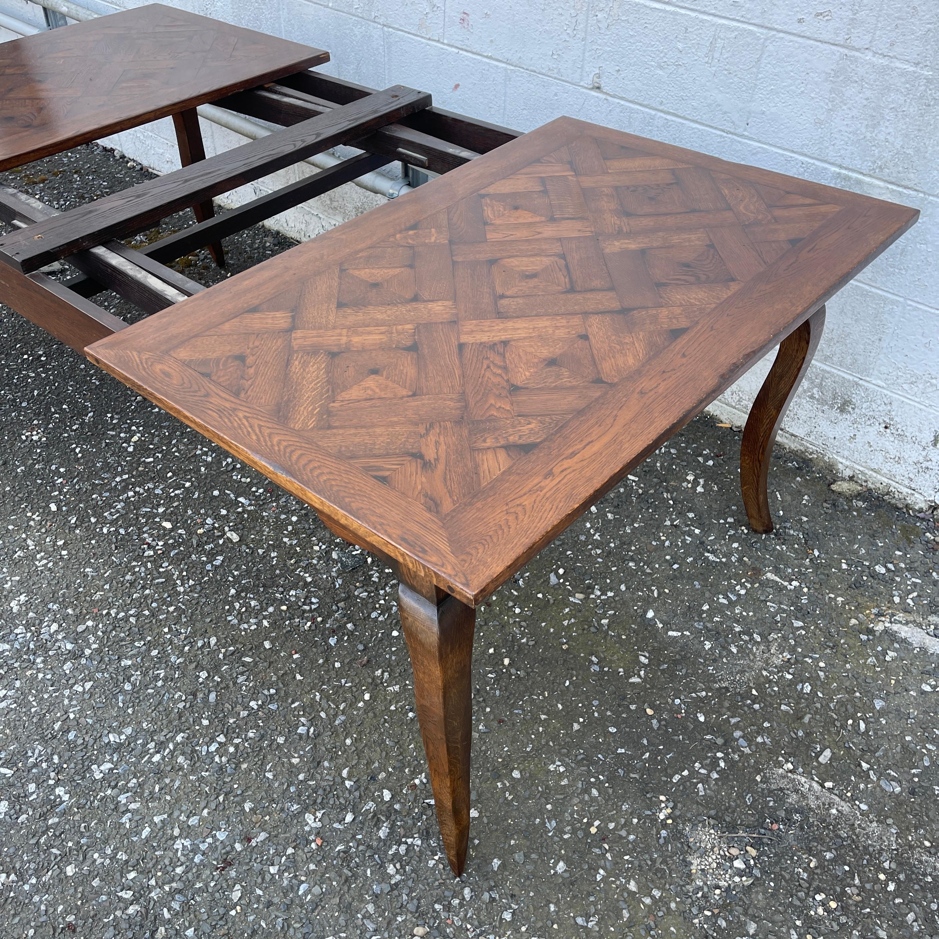 Long French Country Provincial Parquet Top Extension Farm Table 11