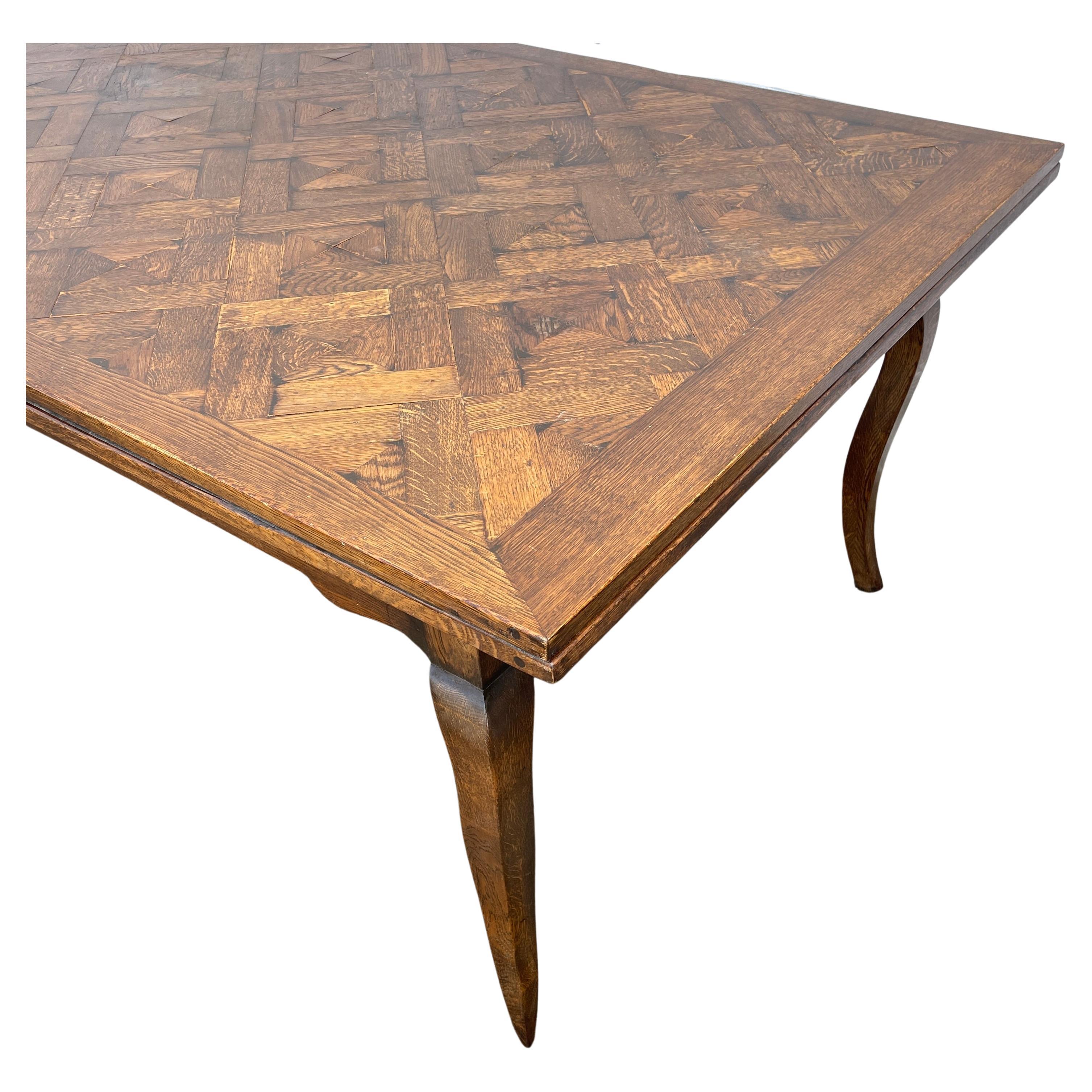 Parquetry Long French Country Provincial Parquet Top Extension Farm Table For Sale
