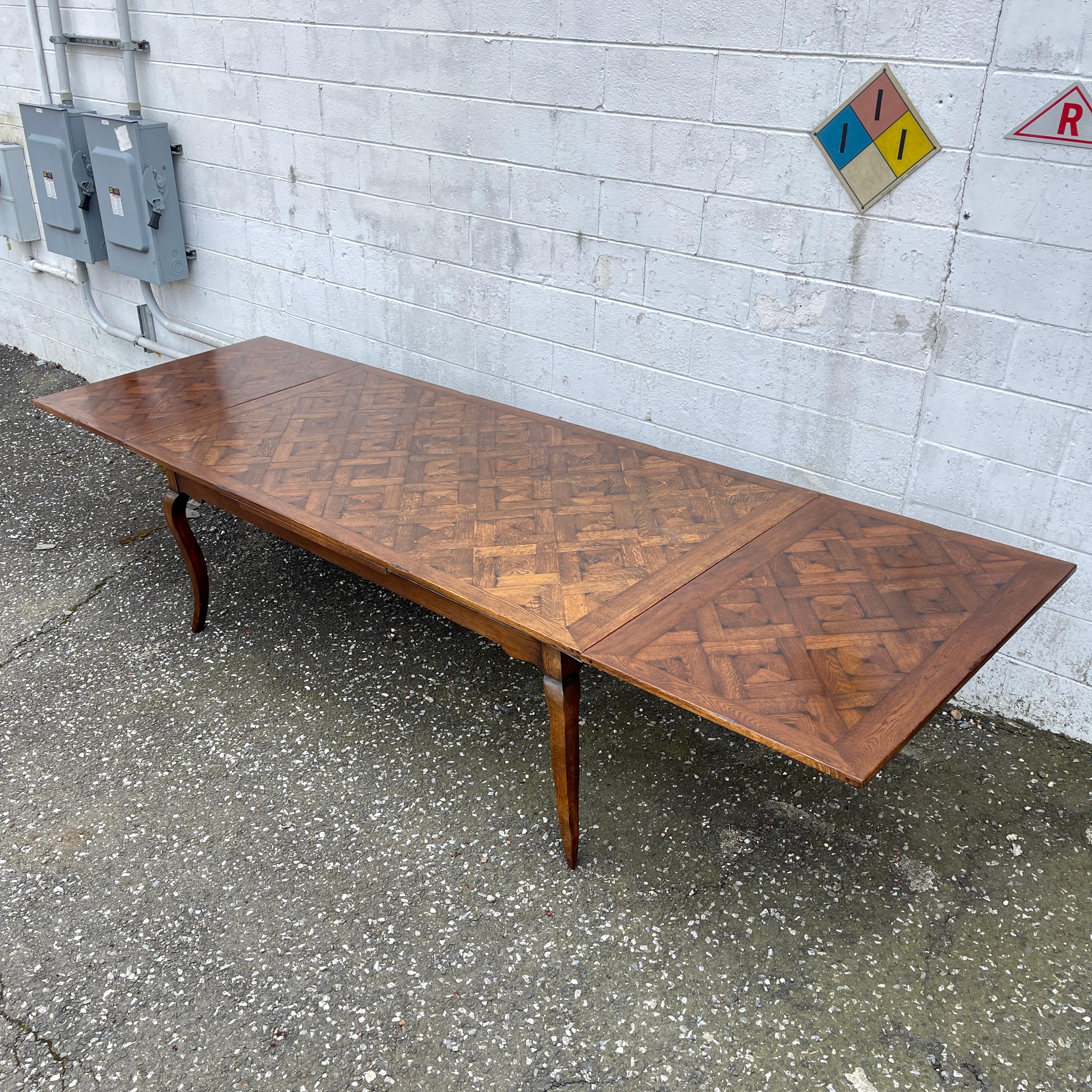 Long French Country Provincial Parquet Top Extension Farm Table In Good Condition For Sale In Haddonfield, NJ