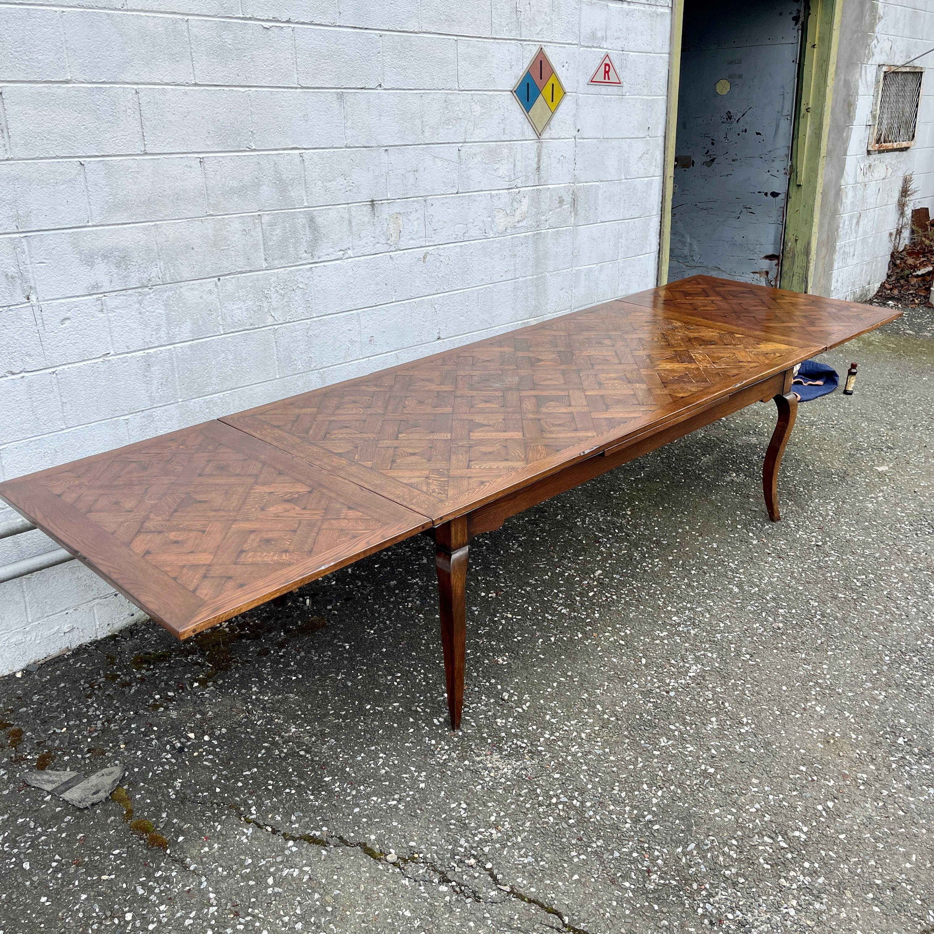 20th Century Long French Country Provincial Parquet Top Extension Farm Table For Sale
