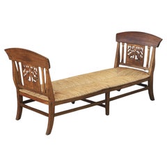 Long French Day Bed or Window Seat Of Rush and Patinated Cherrywood