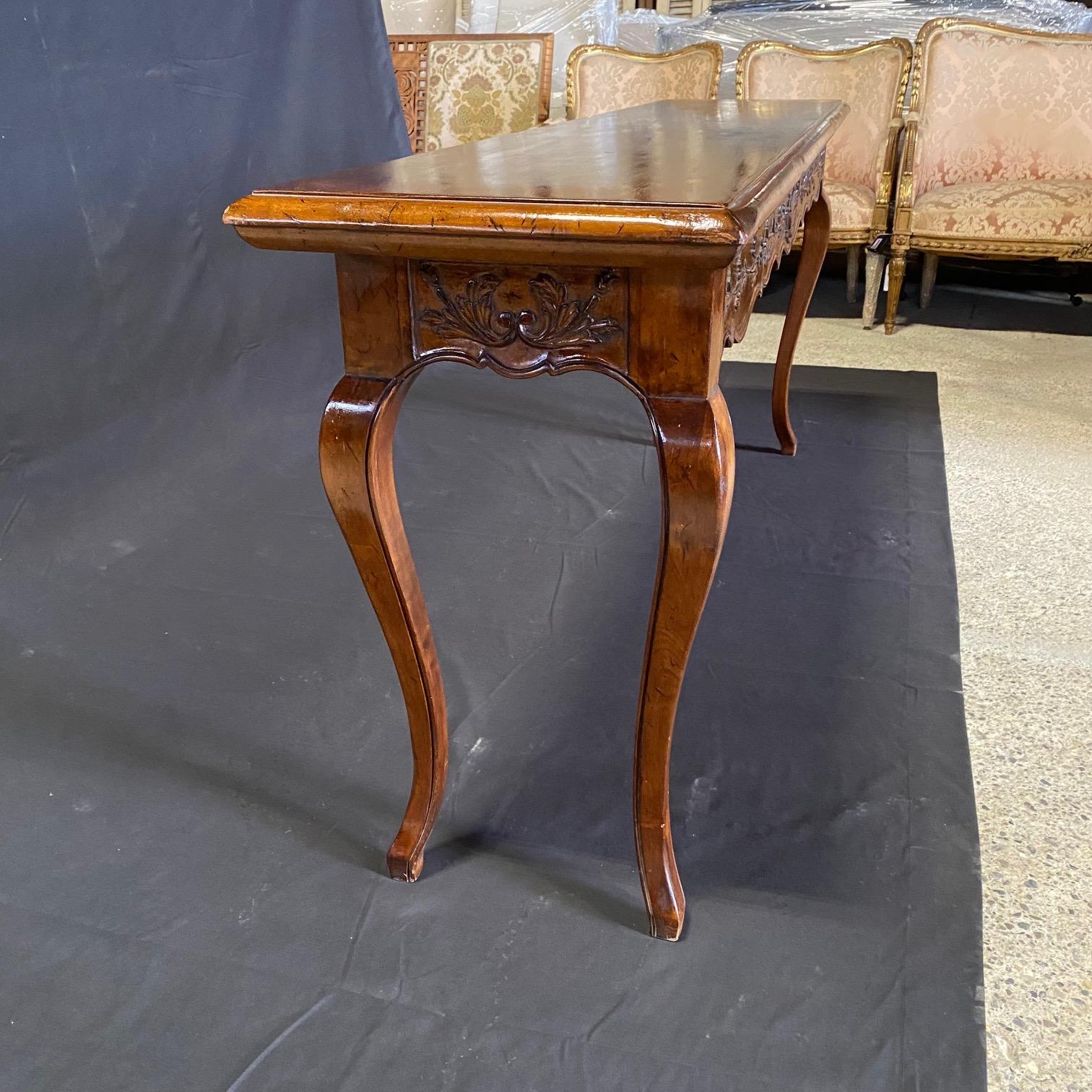 Long French Double Sided Carved Shell & Floral Motif Walnut Console 6