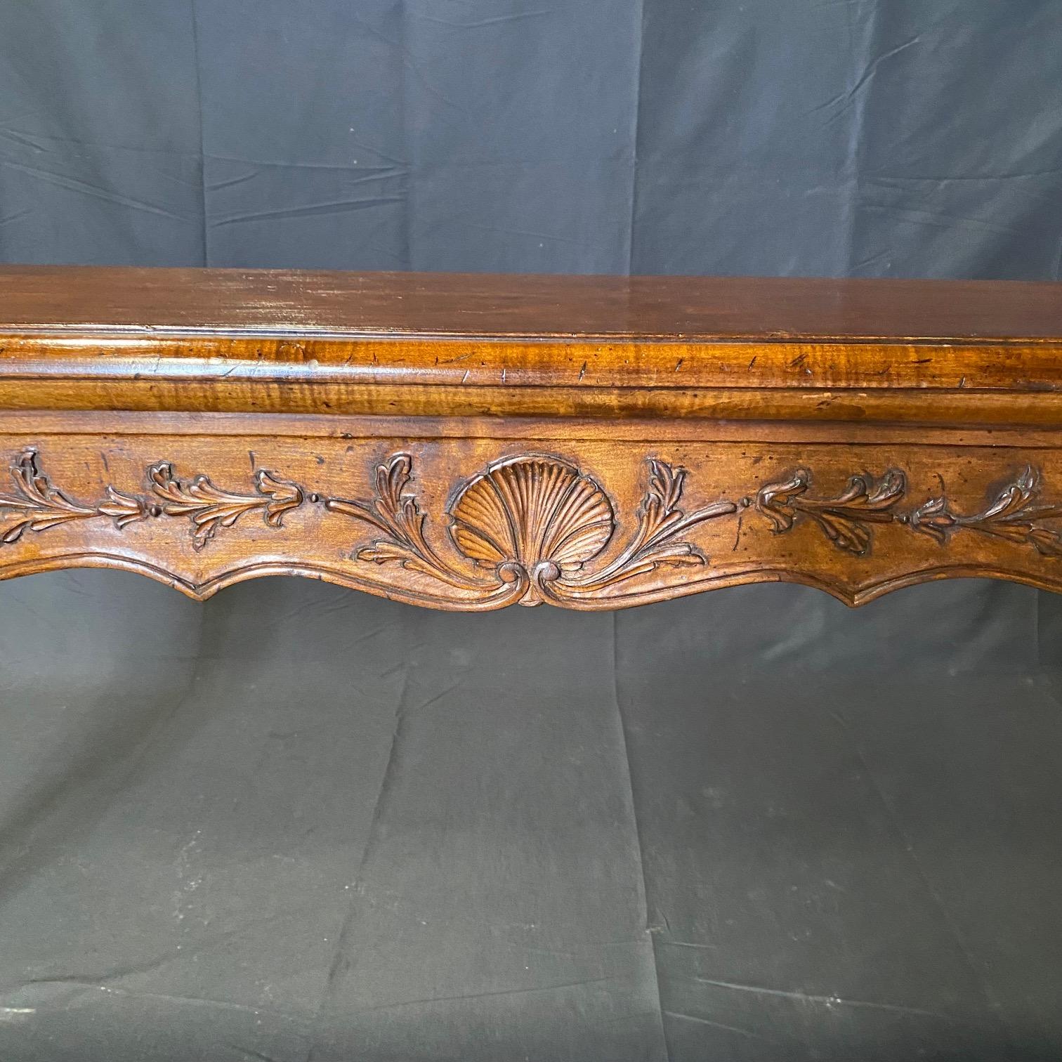French Provincial Long French Double Sided Carved Shell & Floral Motif Walnut Console