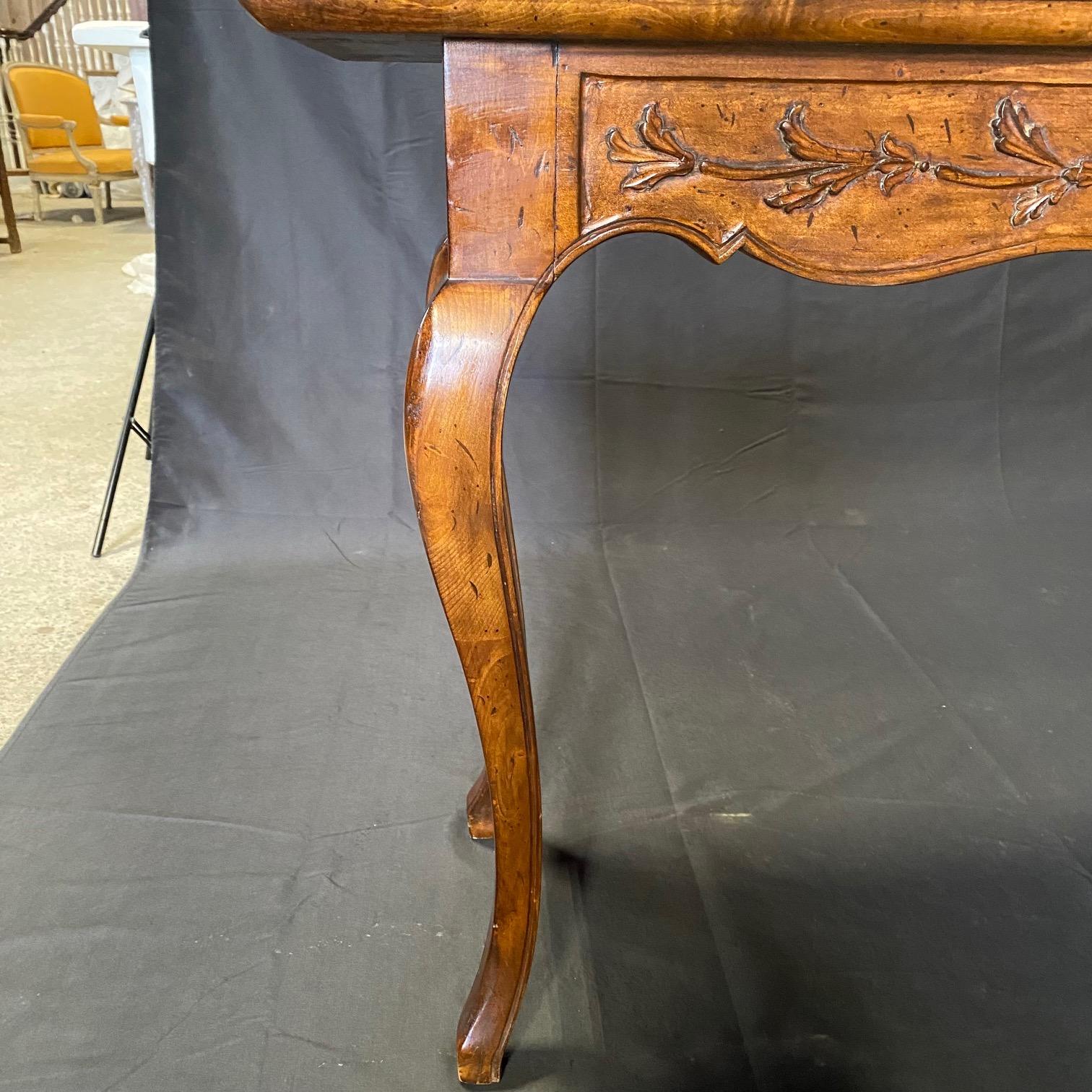 Early 20th Century Long French Double Sided Carved Shell & Floral Motif Walnut Console