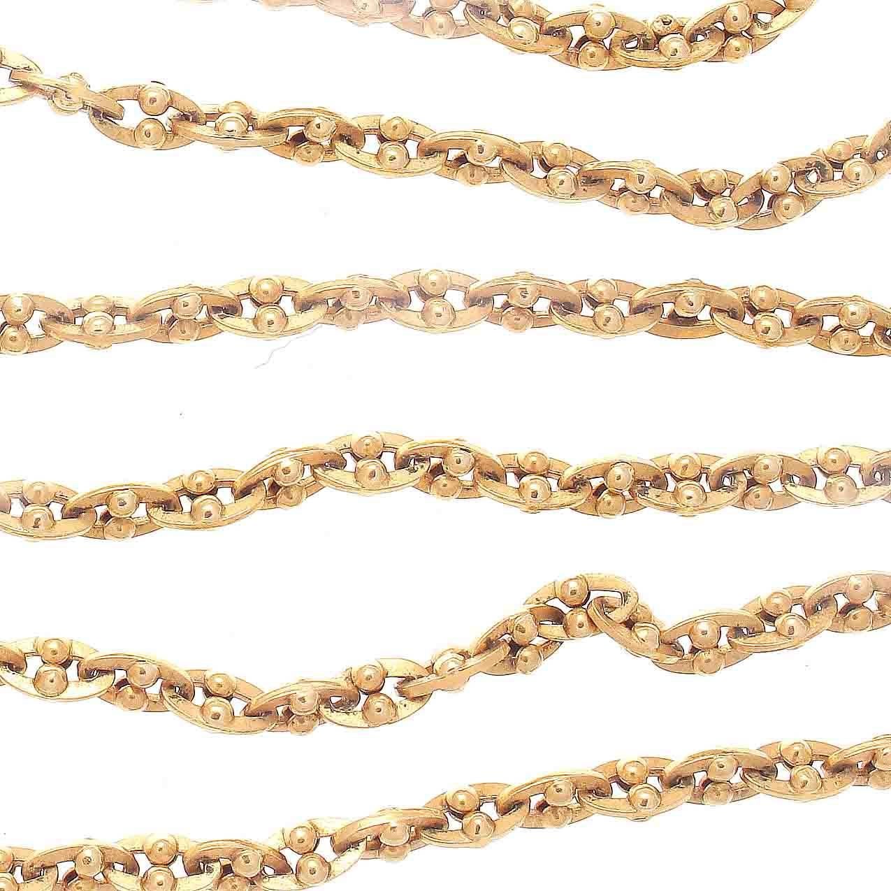 Classic and creative design that allows the wearer flexibility in how it's worn. Long enough to quadruple wrap, triple wrap, double wrap or just wear as a long single chain. Constructed with intricate links of 18k gold interlocking together. 