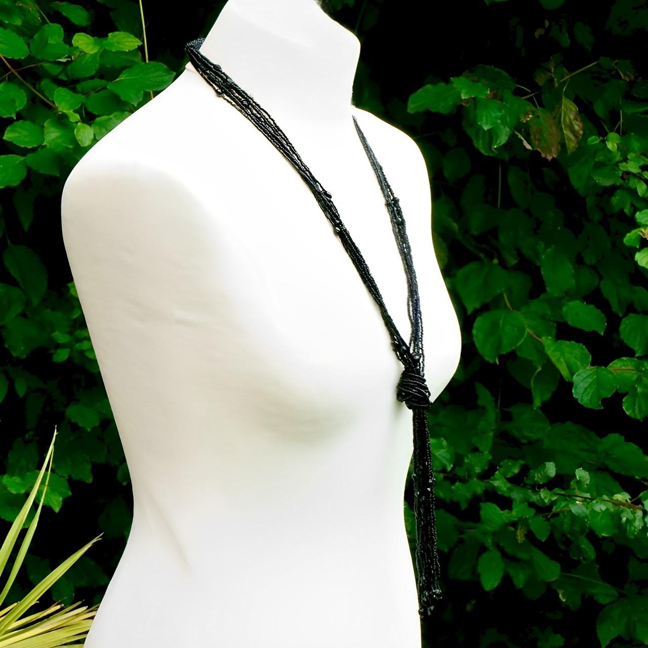 Art Deco Long French Jet Beaded Tassel Necklace circa 1920s For Sale
