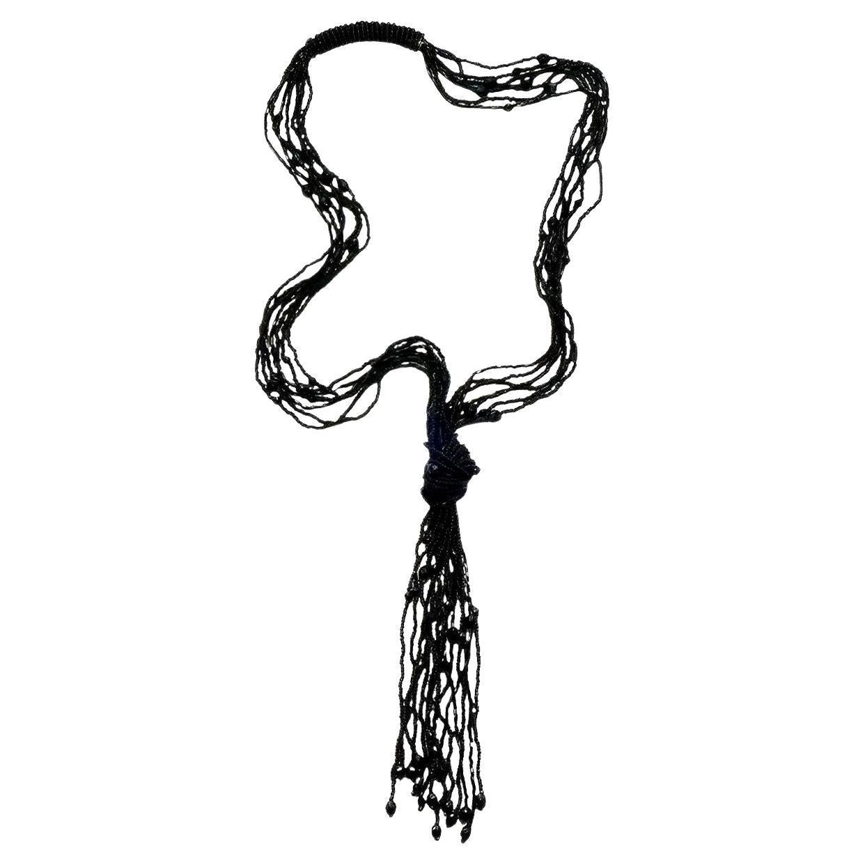 Long French Jet Beaded Tassel Necklace circa 1920s For Sale
