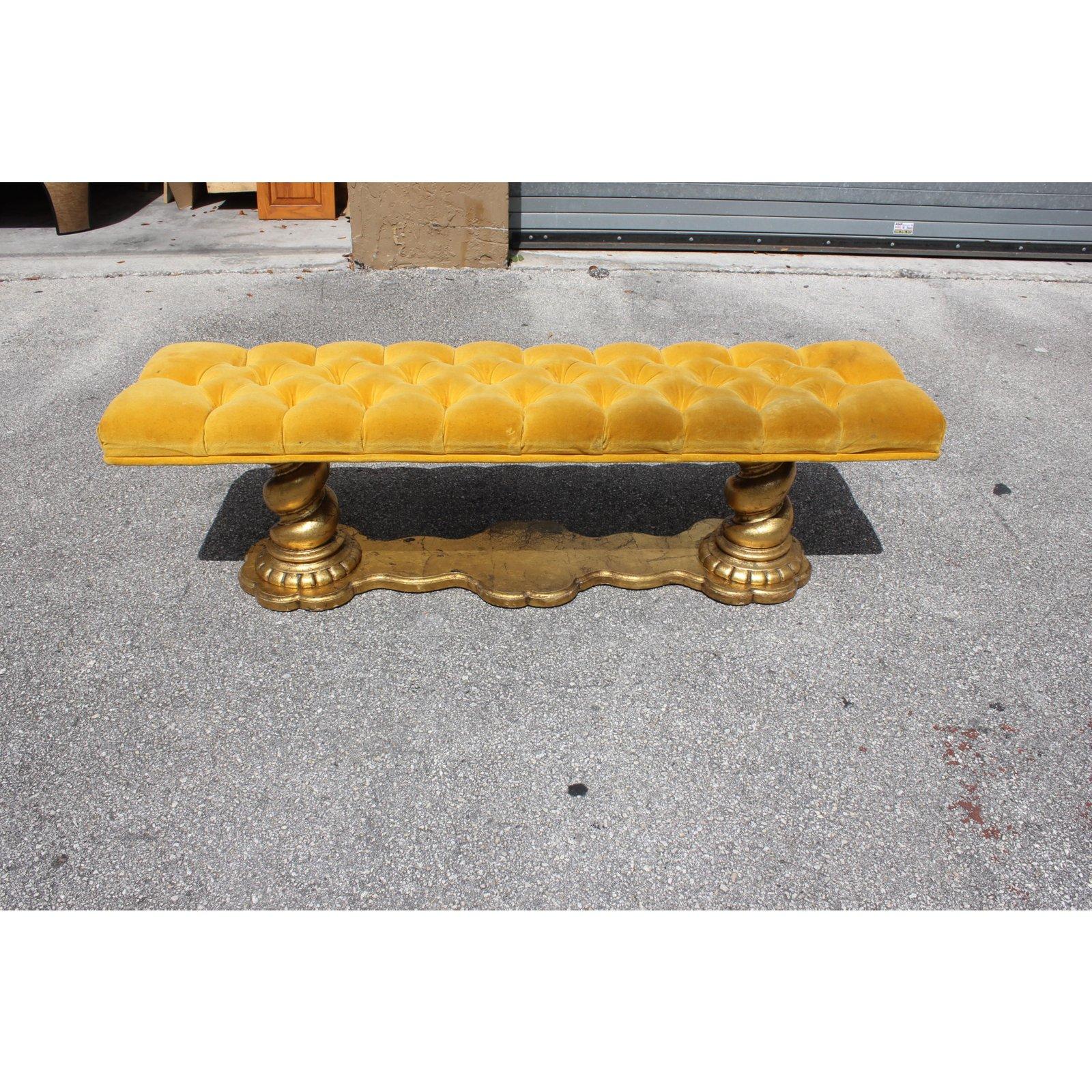 Beautiful French Louis XIII barley twist benches solid mahogany with gold leaf and yellow velvet. Reupholstery is velvet recommended to be change; the bench frames are in very good condition.
Dimensions: 60.50