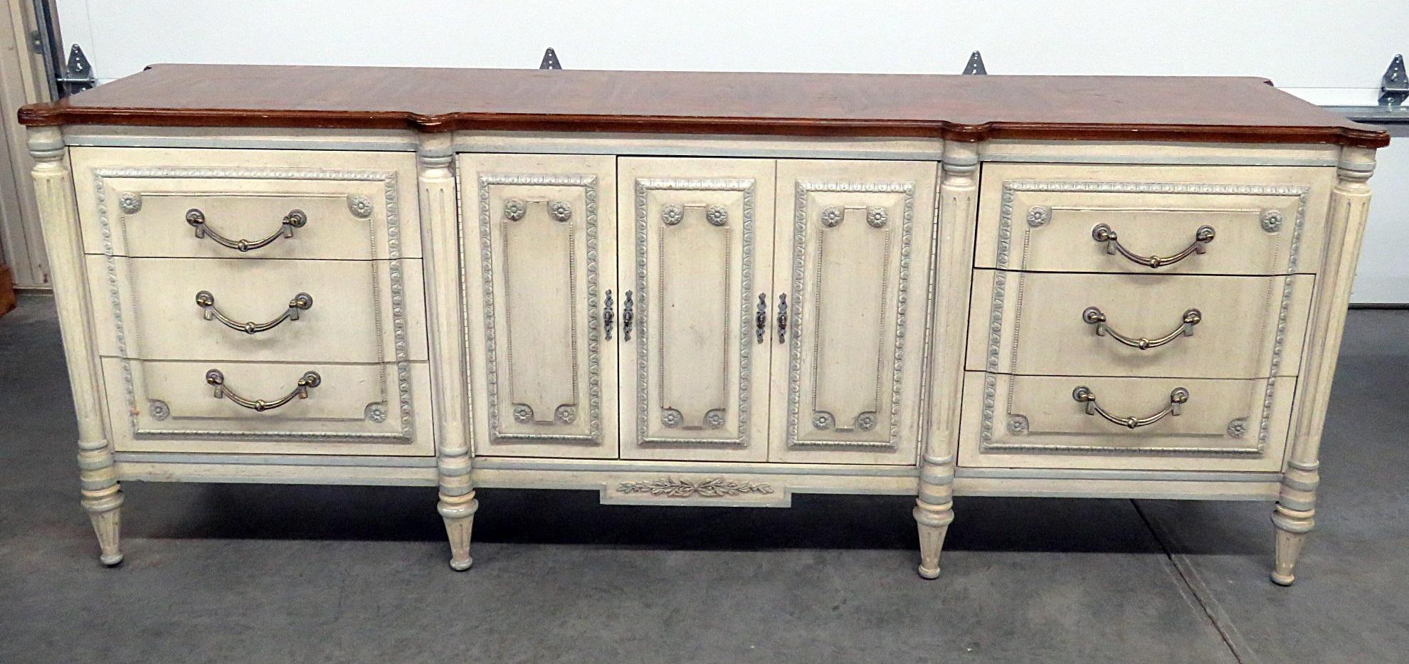 Louis XV style distressed painted sideboard with a fruitwood top, 6 drawers and 2 doors containing 3 drawers.