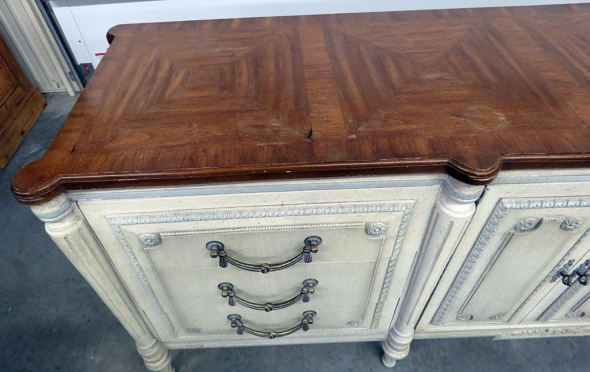 Fruitwood Long French Louis XVI Style Painted Triple Dresser Sideboard