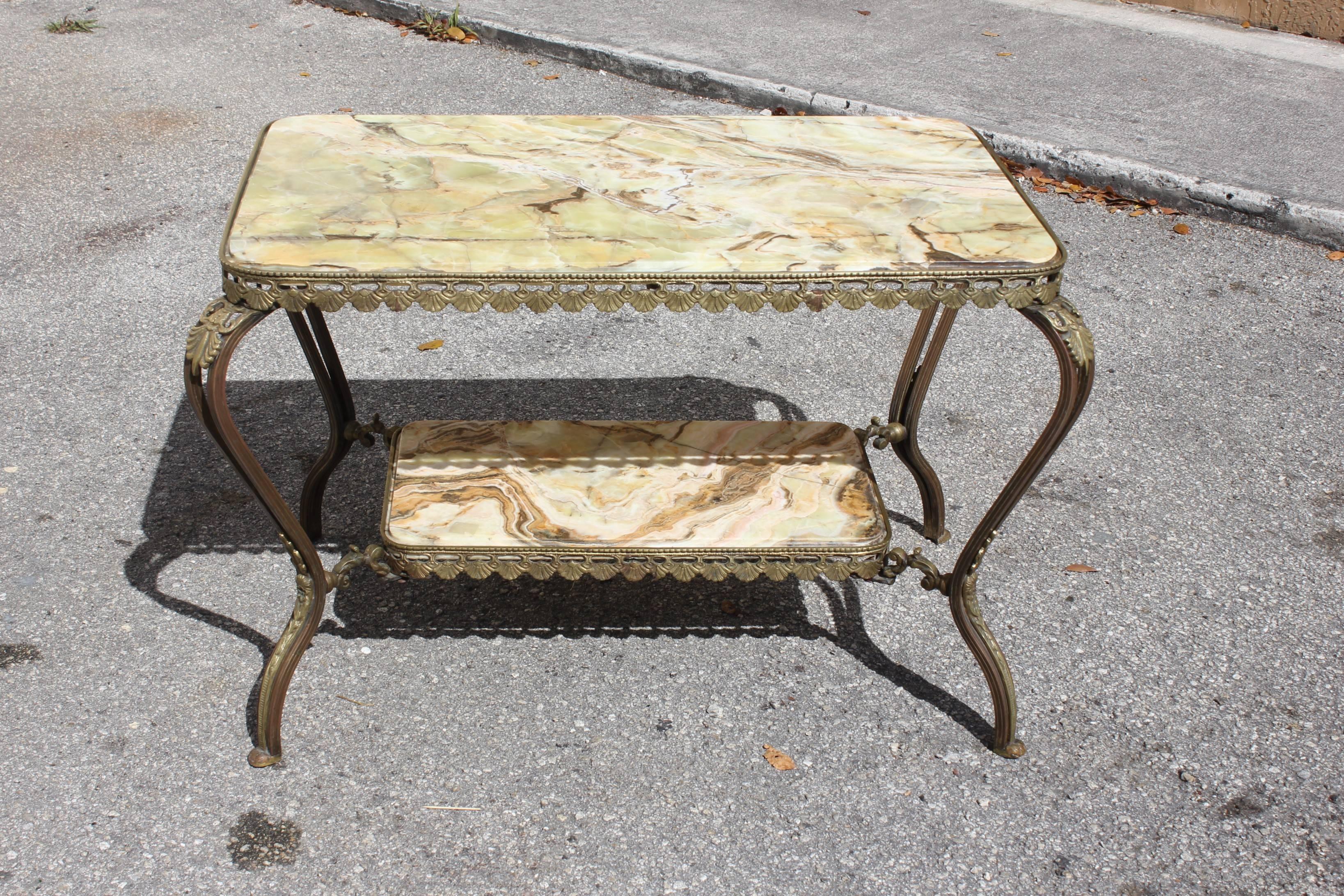 Long French Maison Jansen Two-Tier Bronze Coffee Table with Green Onyx 9
