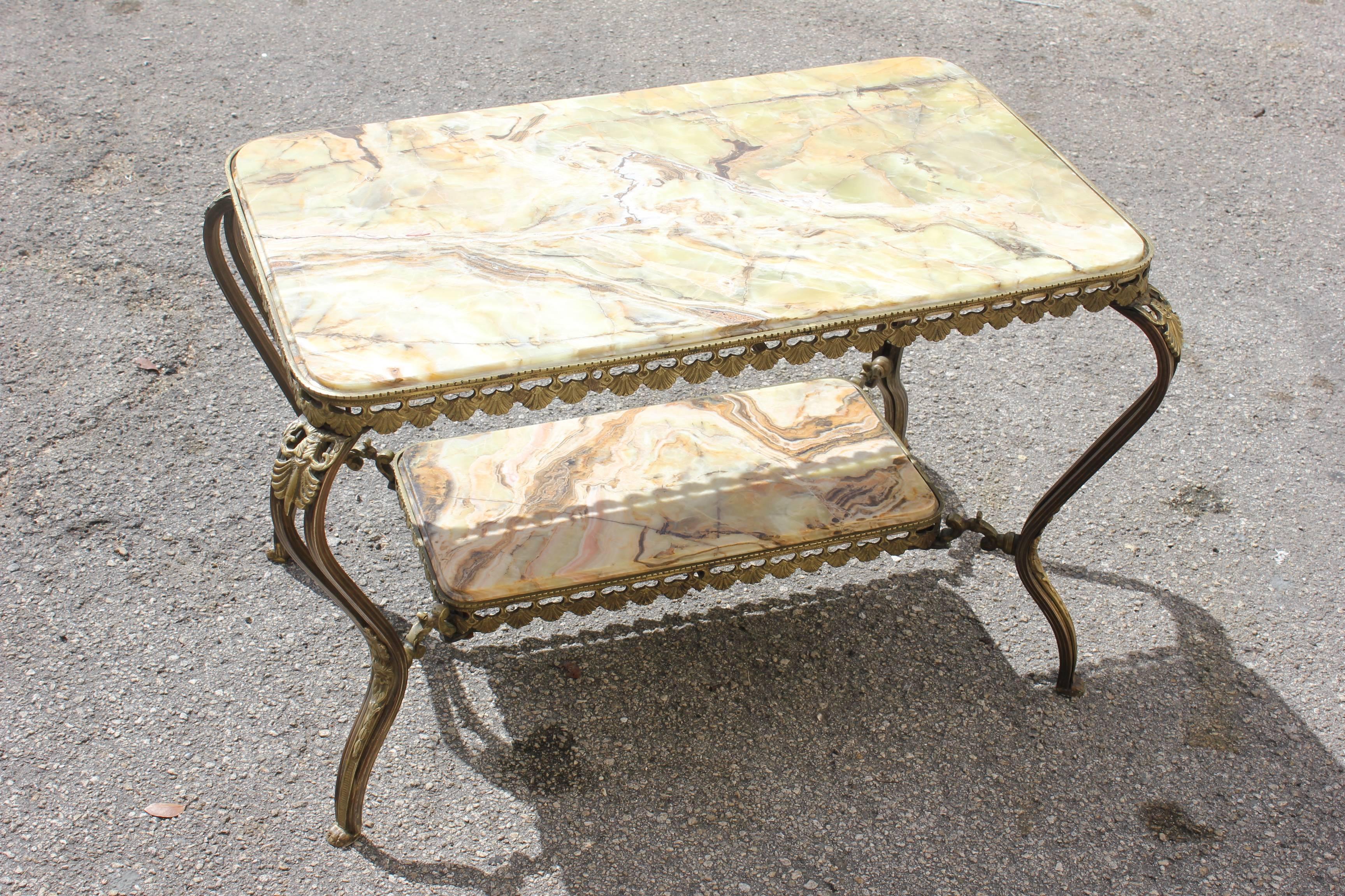 Long French Maison Jansen Two-Tier Bronze Coffee Table with Green Onyx 10