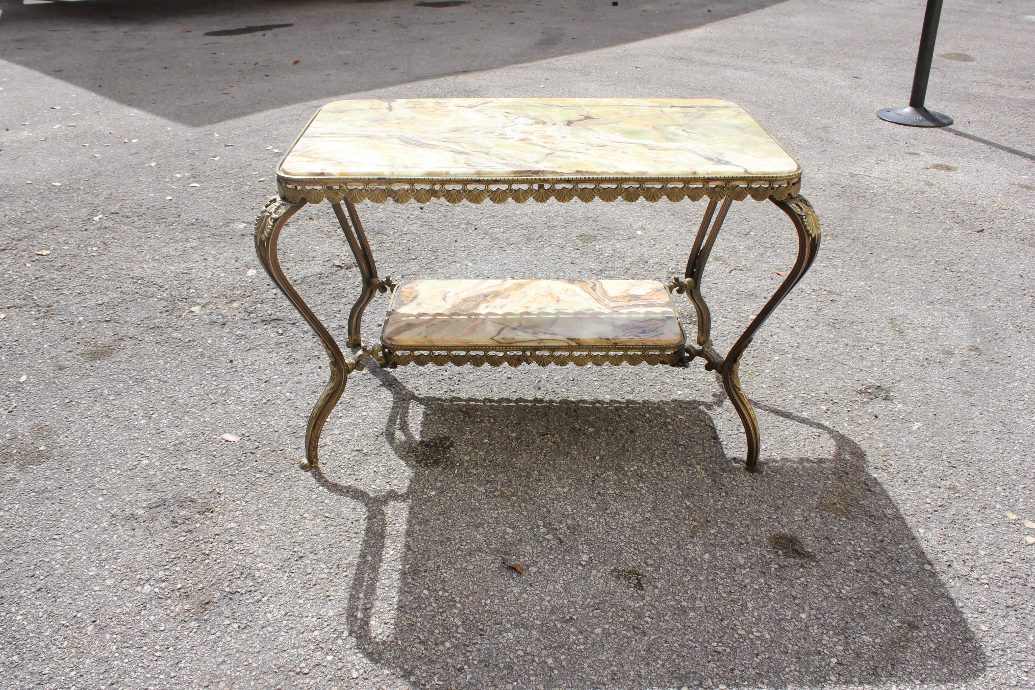 Long French Maison Jansen Two-Tier Bronze Coffee Table with Green Onyx 12