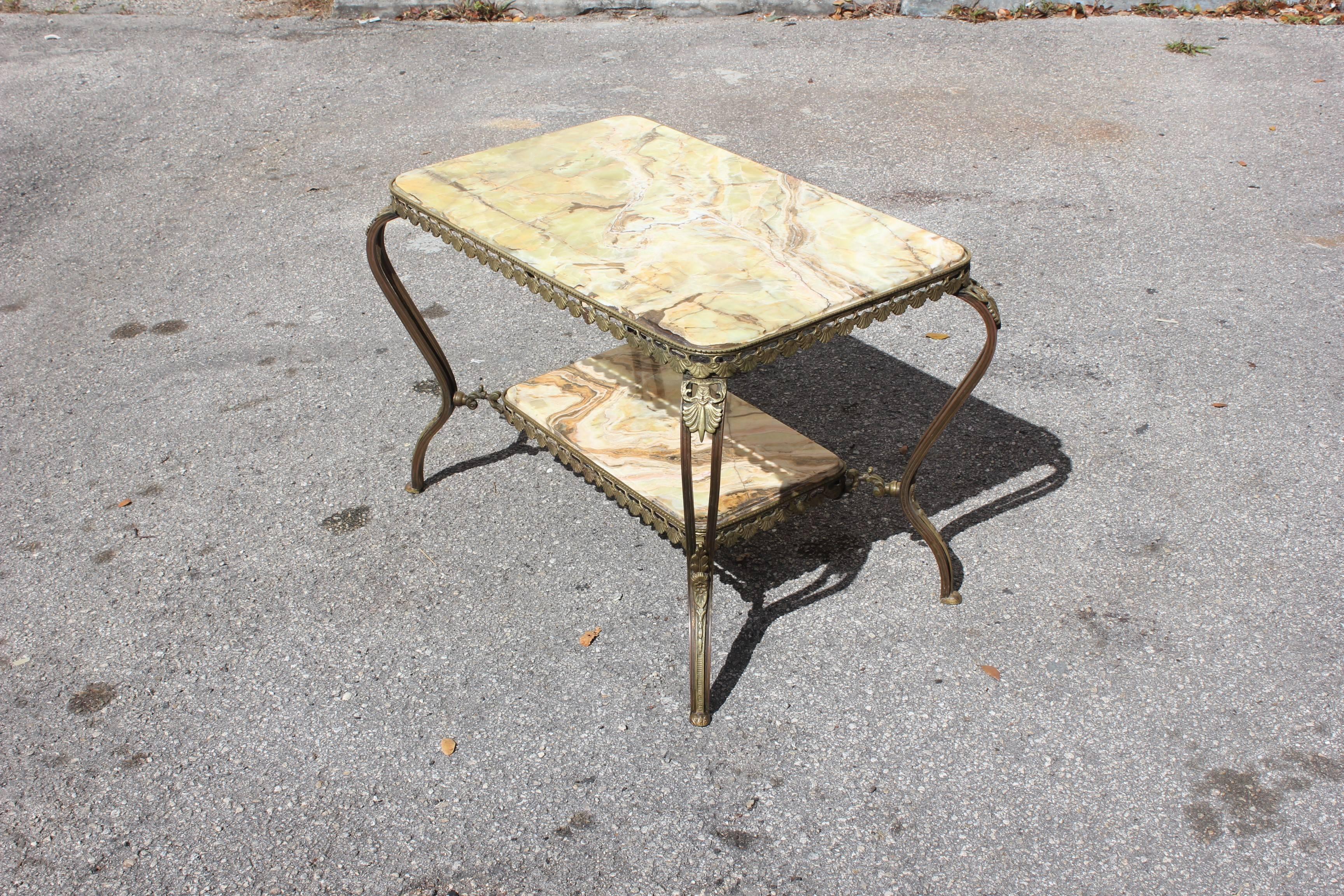 Long French Maison Jansen Two-Tier Bronze Coffee Table with Green Onyx In Excellent Condition In Hialeah, FL