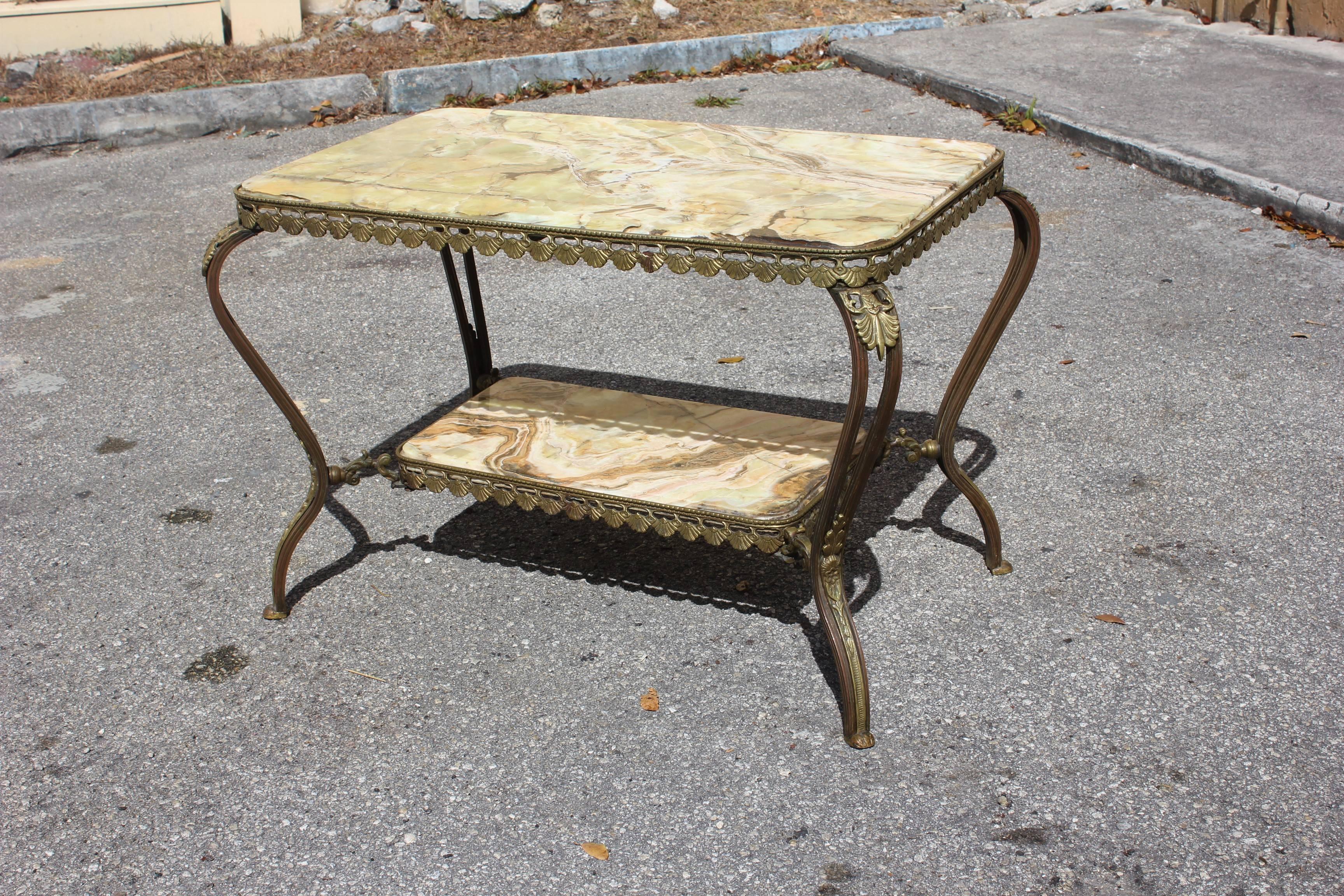 Mid-20th Century Long French Maison Jansen Two-Tier Bronze Coffee Table with Green Onyx