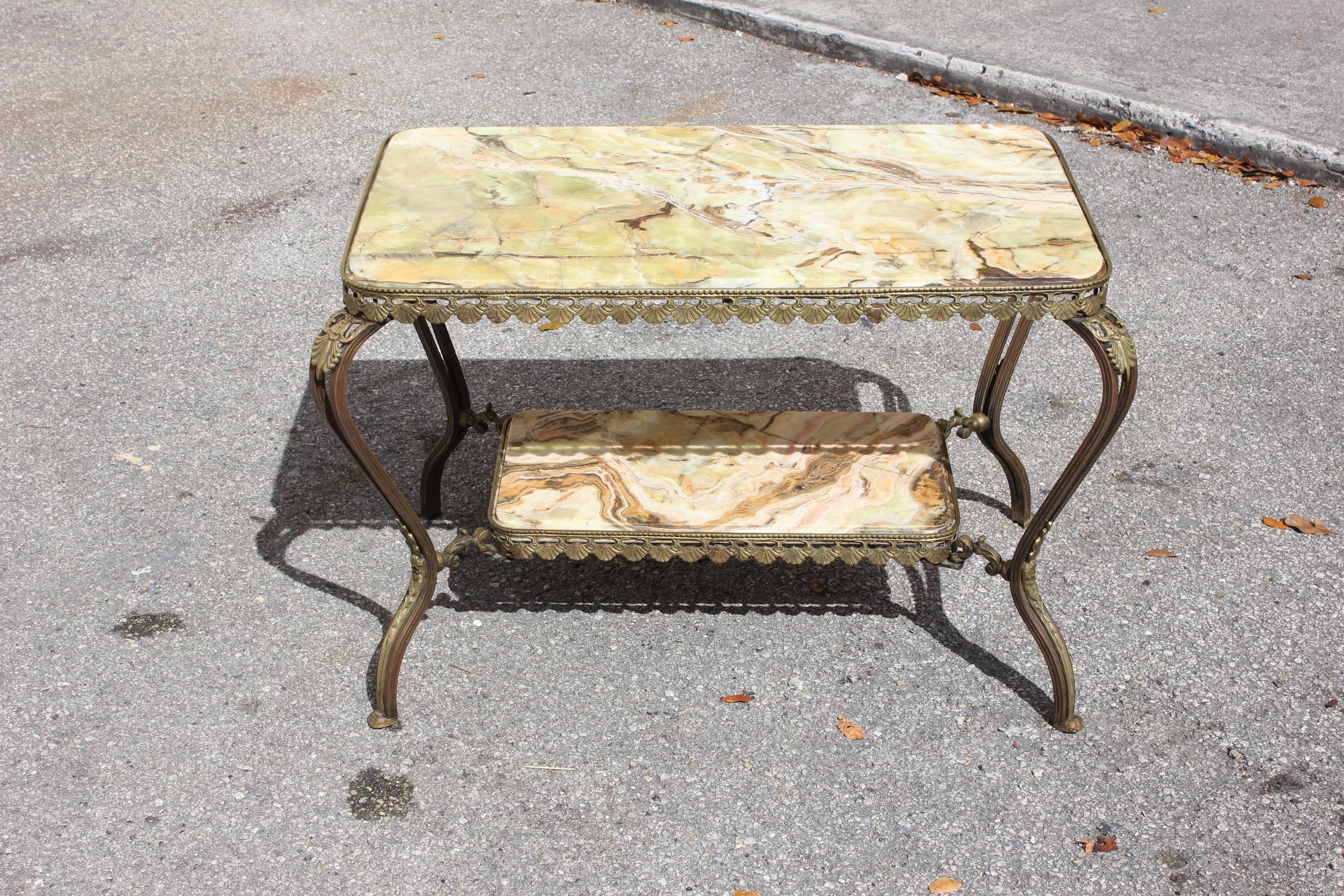 Long French Maison Jansen Two-Tier Bronze Coffee Table with Green Onyx 4
