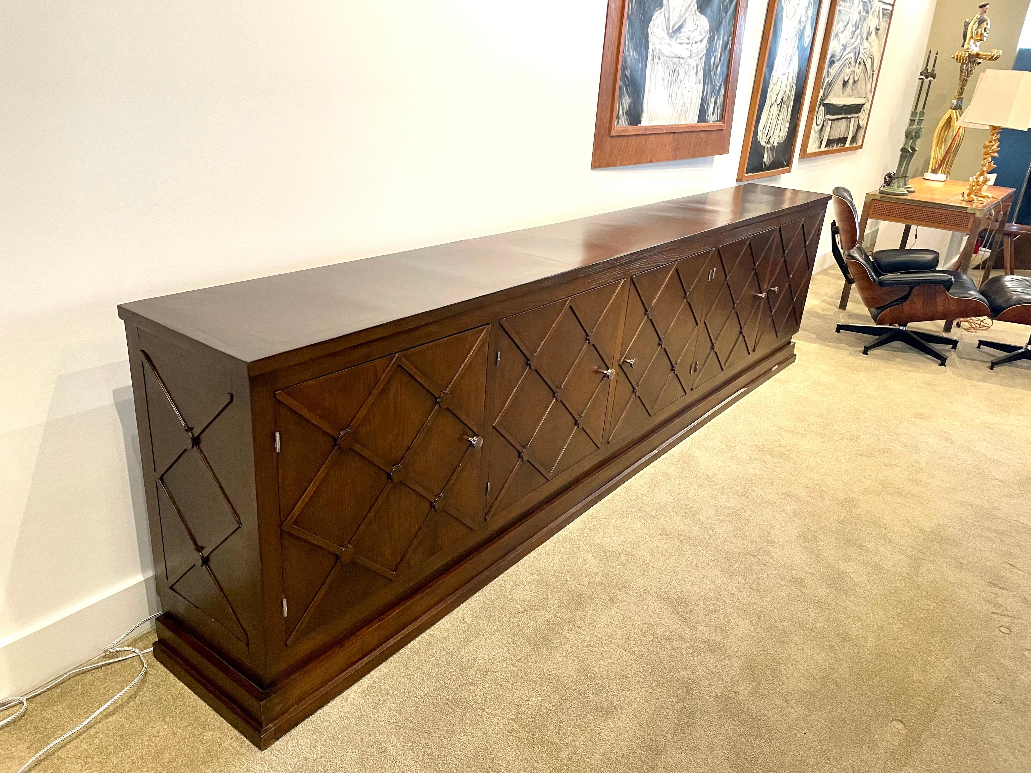 Oak Long French Mid-Century Lattice Front Sideboard/ Cabinet For Sale