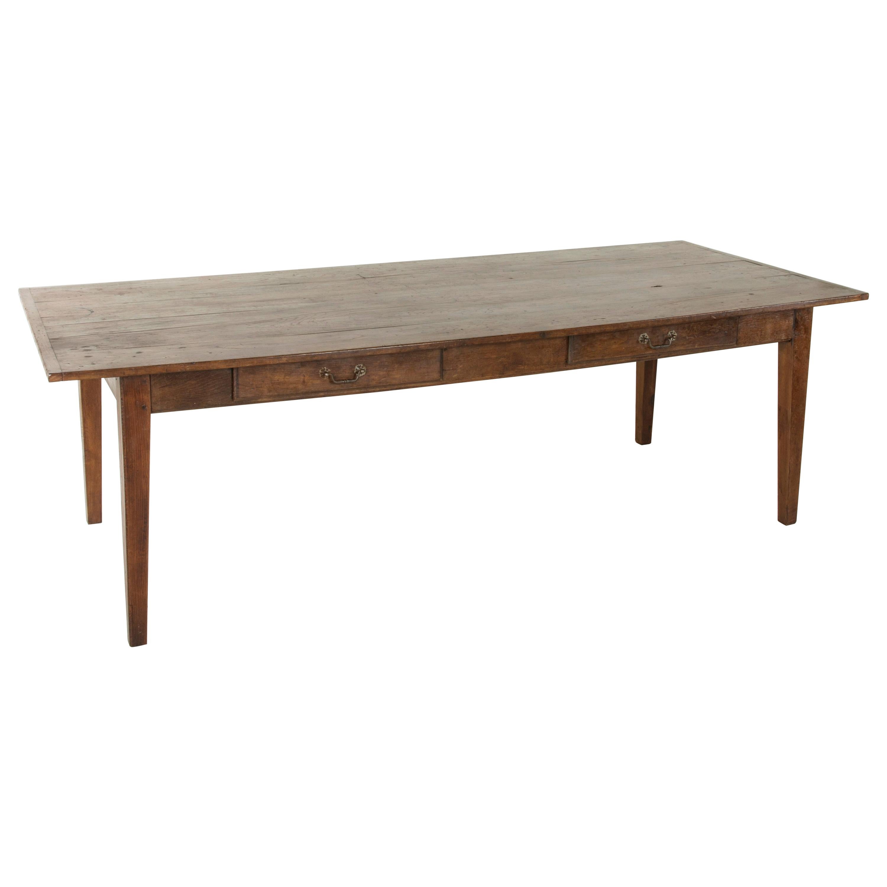 Long French Oak Farm Table or Dining Table with Two Drawers, circa 1900 