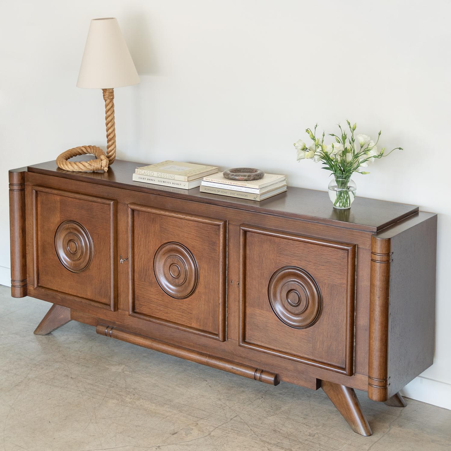 Long French Oak Sideboard by Charles Dudouyt In Good Condition For Sale In Los Angeles, CA
