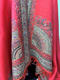 Long French Paisley shawl with coral red reserve Circa 1850