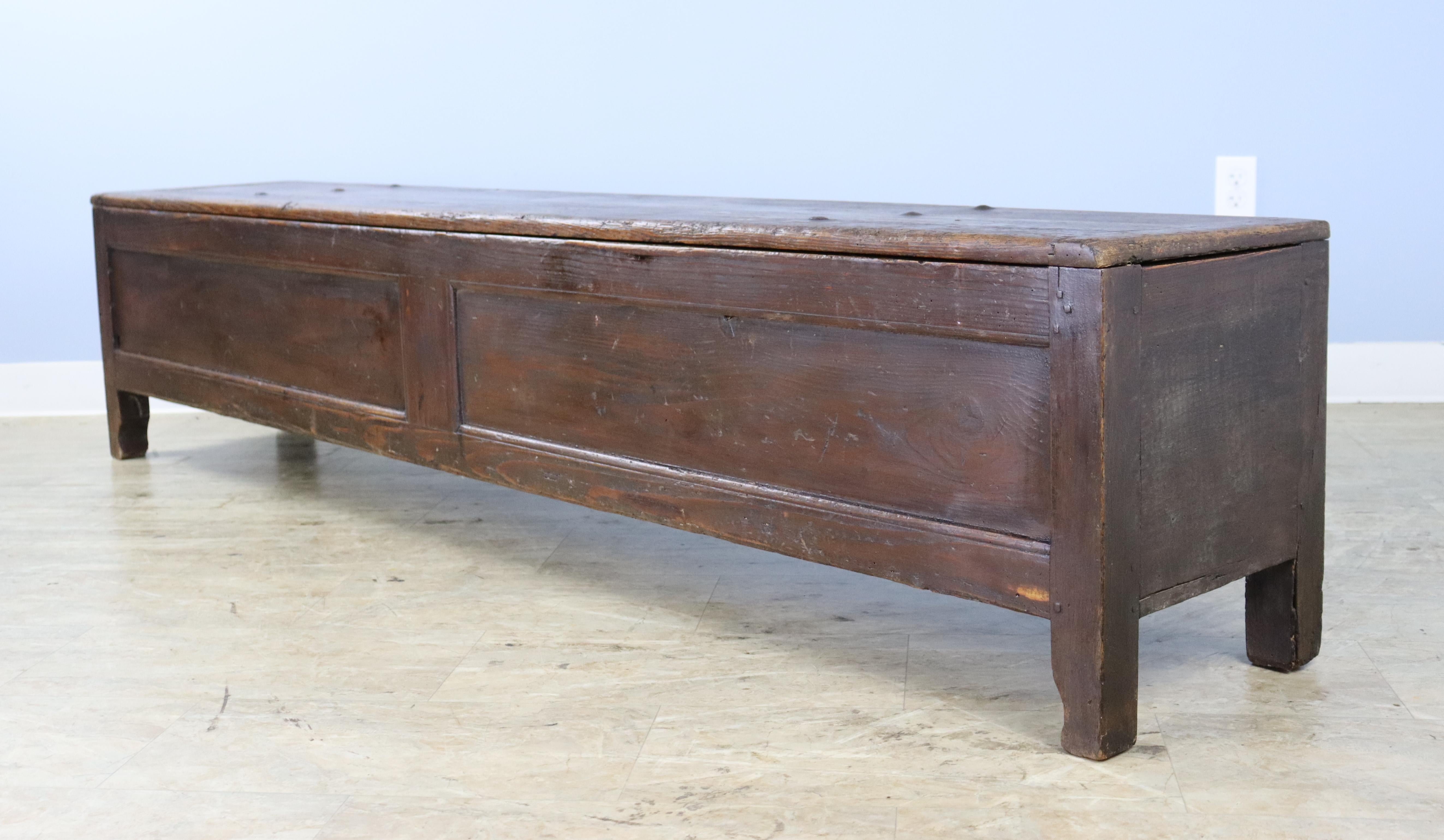 19th Century Long French Pine Seat or Coffer with Lift Lid For Sale