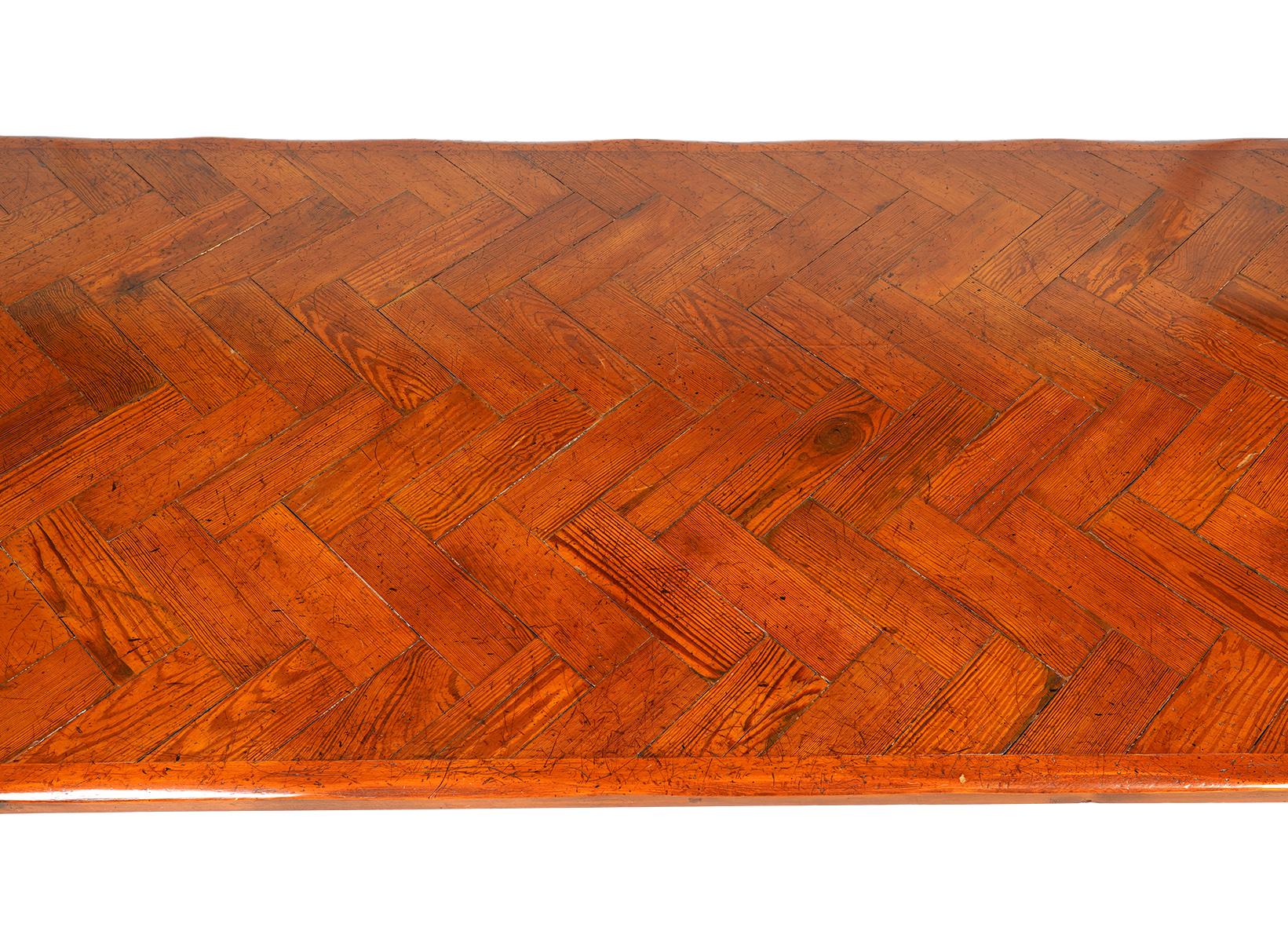 Long French Provincial Style Carved Pine and Parquetry Dining Table 20th Century In Good Condition In Ft. Lauderdale, FL