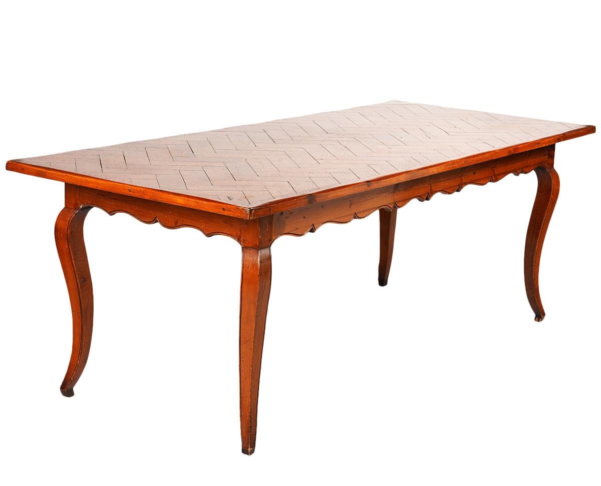 Long French Provincial Style Carved Pine and Parquetry Dining Table 20th Century 3