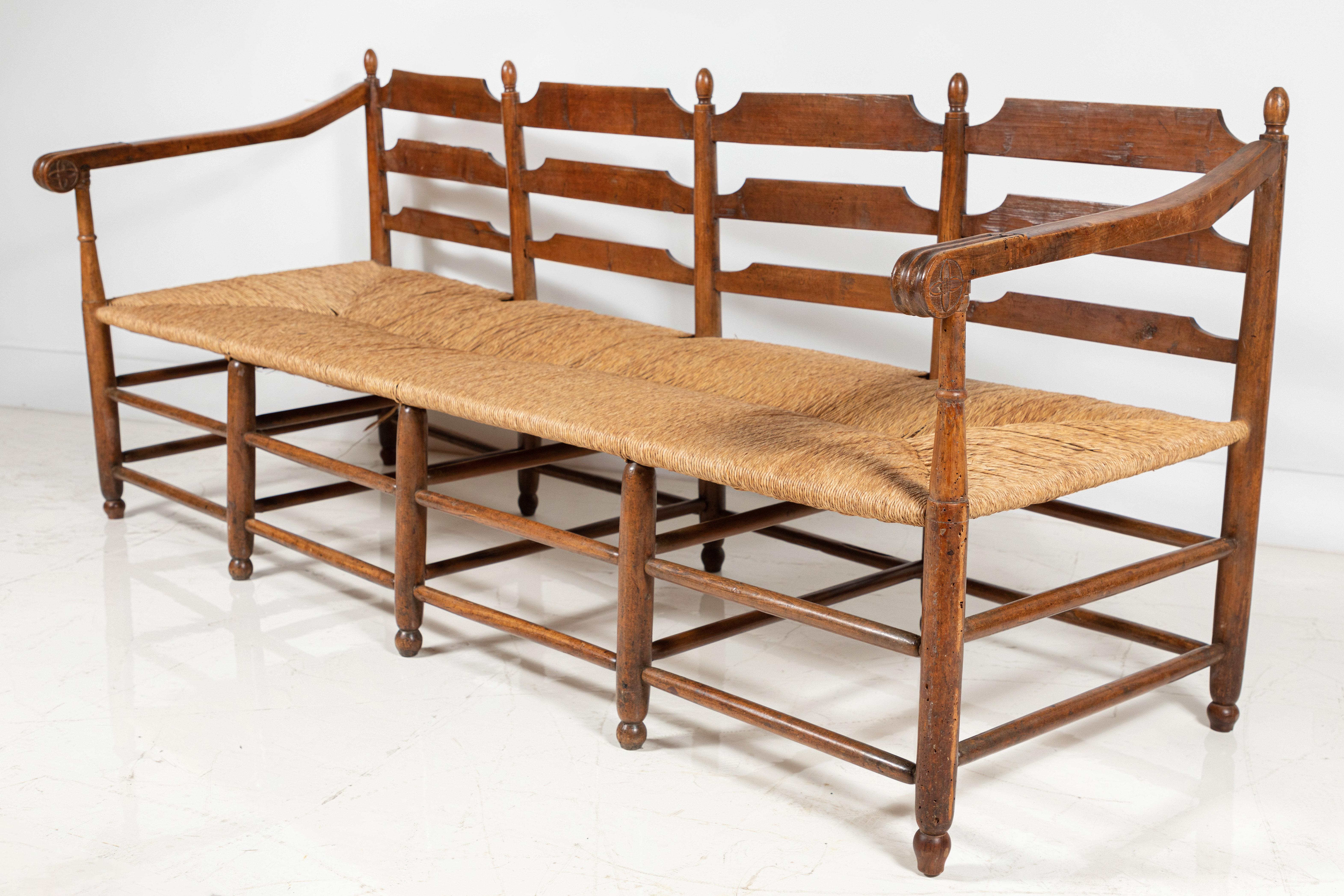 20th Century Long French Spindle Bench with Rush Seat