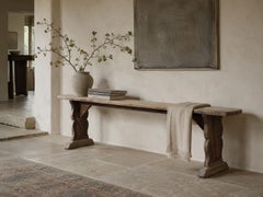 Long French Wabi-Sabi Pine Bench with Sculptural Trestle Supports, circa 1900
