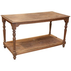 Antique Long French Wood Counter Console Table with Carved Legs and Lower Shelf