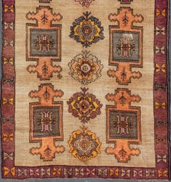 Turkish Kars Gallery Runner in Soft Beige with Deep Plum, Burnt Orange, and Tan
