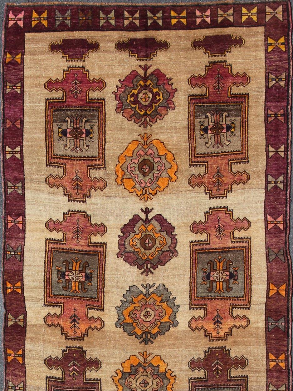 Hand-Knotted Long Gallery Turkish Runner with Geometric Design in Tan, Orange, Gray & Purple For Sale