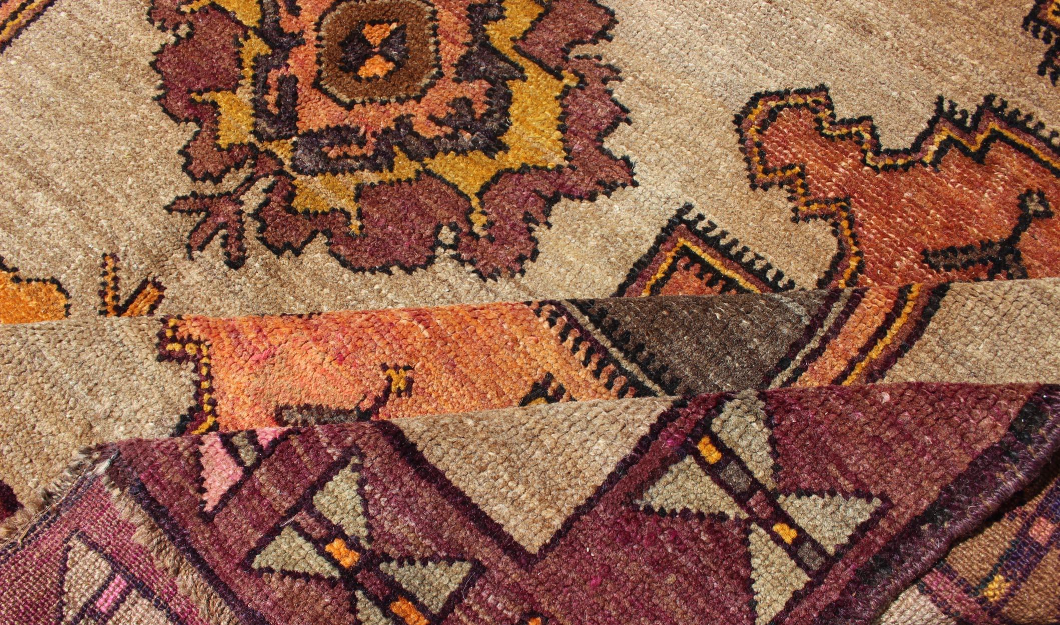 Long Gallery Turkish Runner with Geometric Design in Tan, Orange, Gray & Purple In Good Condition For Sale In Atlanta, GA