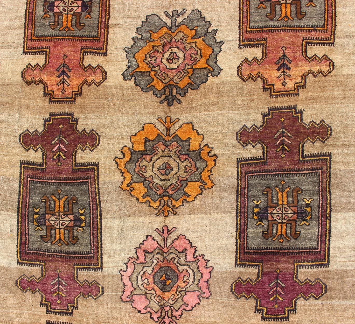 Mid-20th Century Long Gallery Turkish Runner with Geometric Design in Tan, Orange, Gray & Purple For Sale