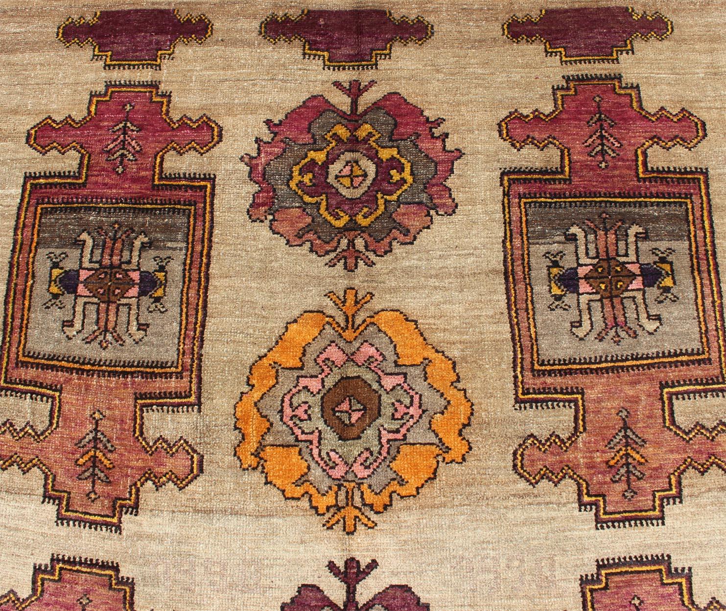 Wool Long Gallery Turkish Runner with Geometric Design in Tan, Orange, Gray & Purple For Sale