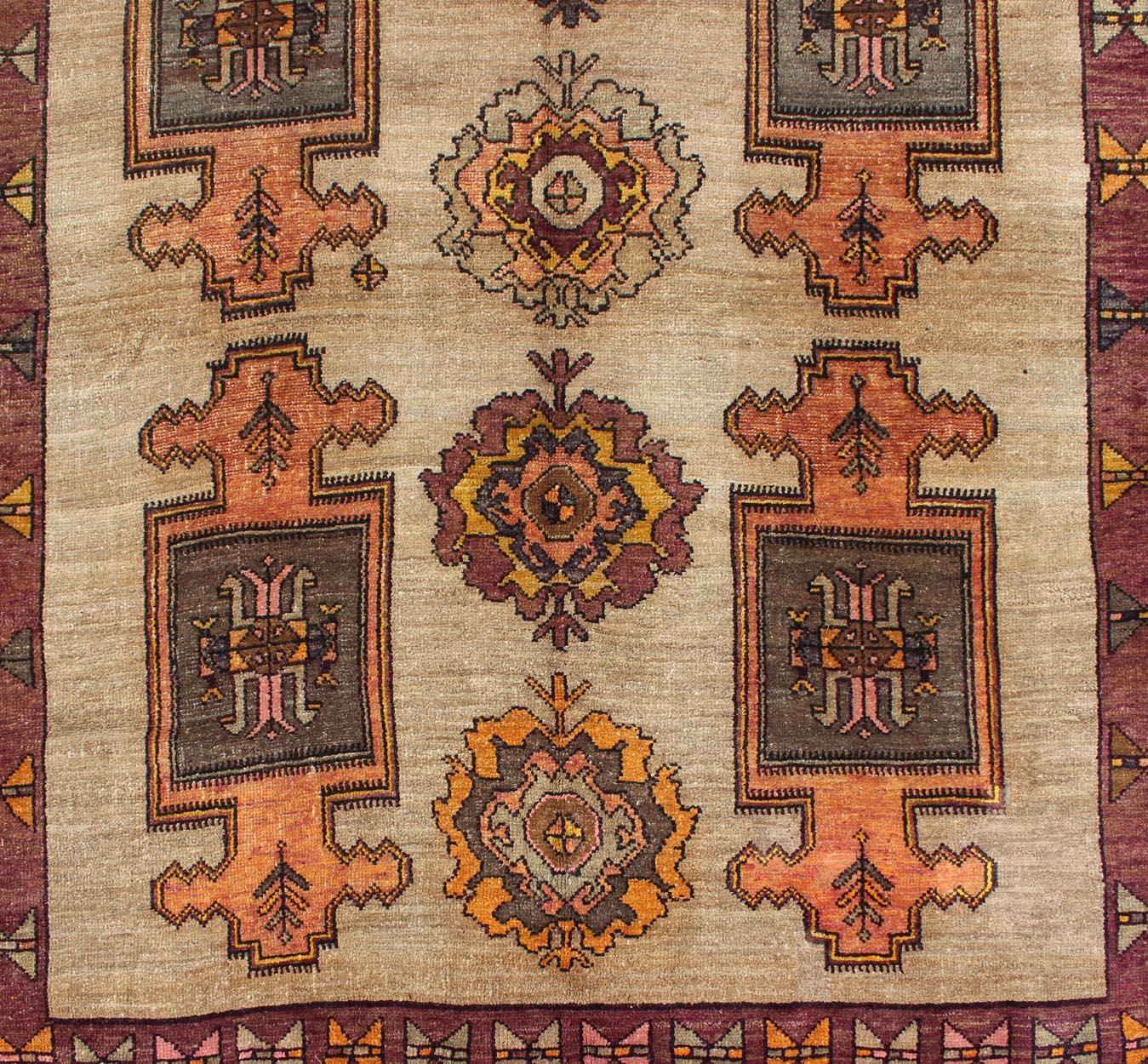 Long Gallery Turkish Runner with Geometric Design in Tan, Orange, Gray & Purple For Sale 1