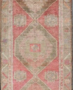 Vintage Turkish Kars Gallery Runner with Warm Coral and Soft Sage Tones