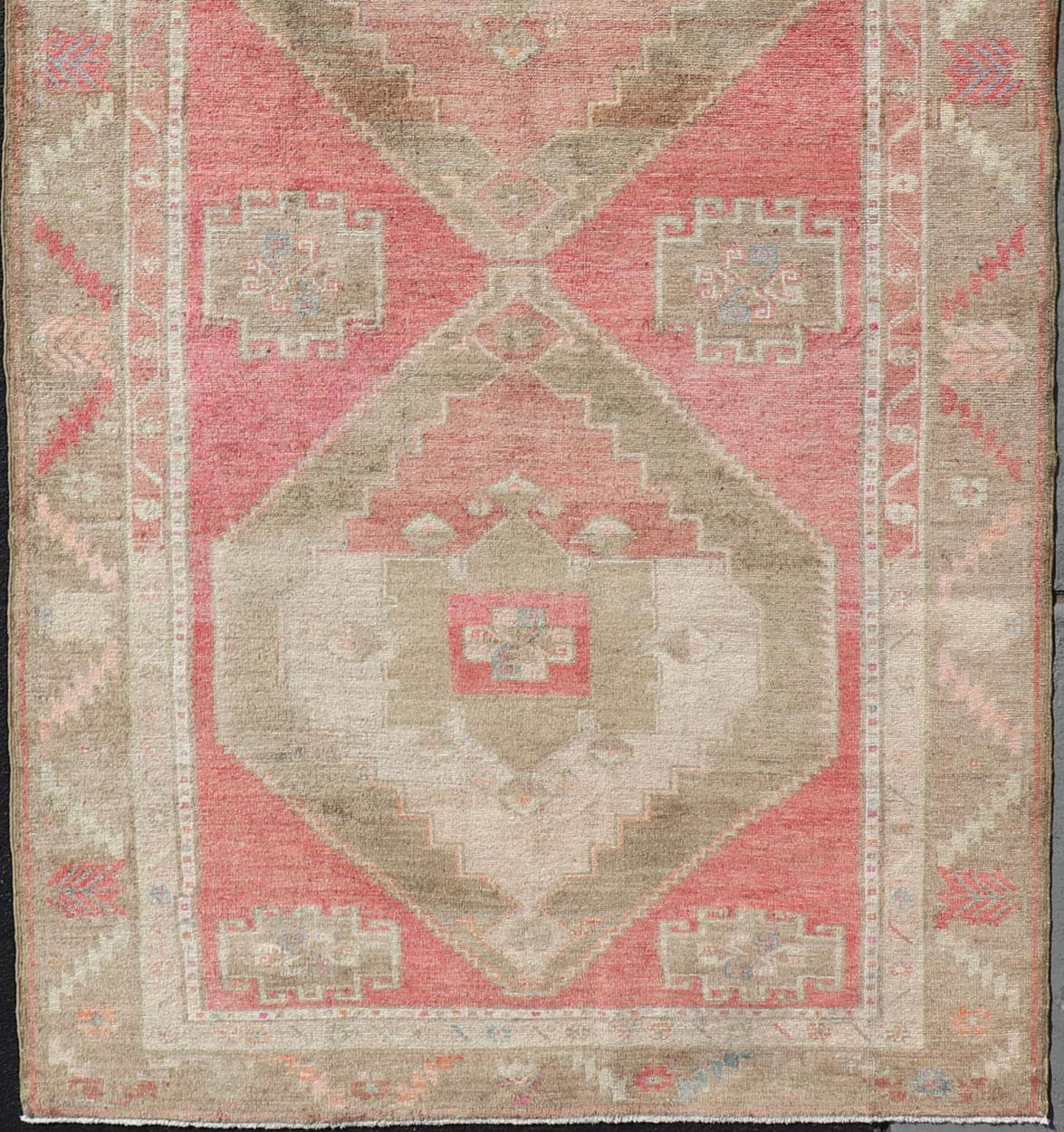 Oushak Long Gallery Turkish Vintage Runner with Medallion Design in Green, Pink  For Sale