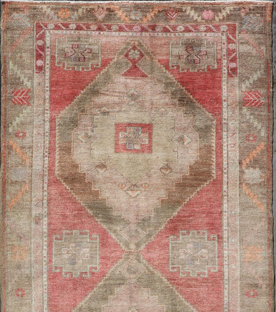 Hand-Knotted Long Gallery Turkish Vintage Runner with Medallion Design in Green, Pink  For Sale