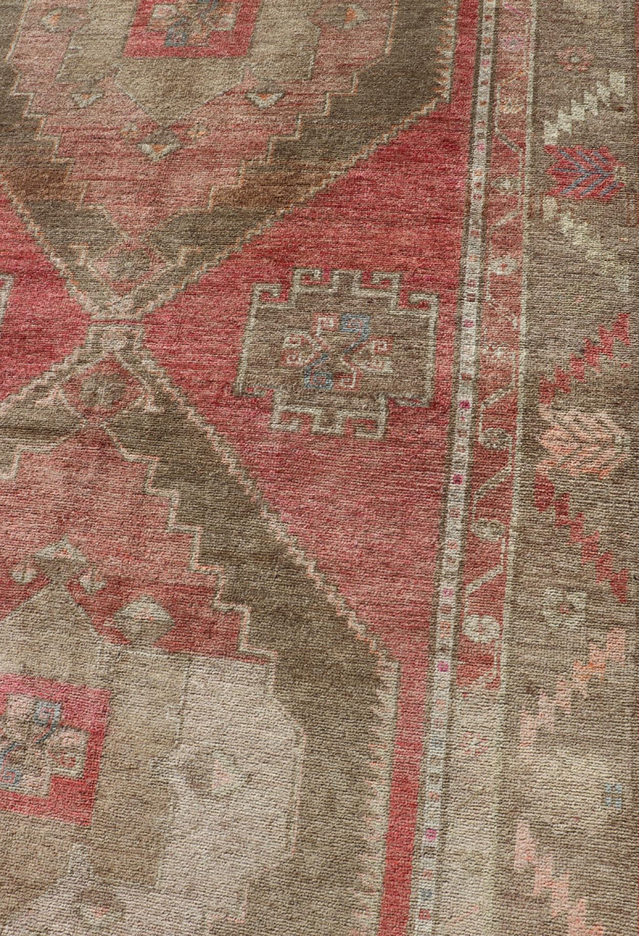 Long Gallery Turkish Vintage Runner with Medallion Design in Green, Pink  For Sale 1