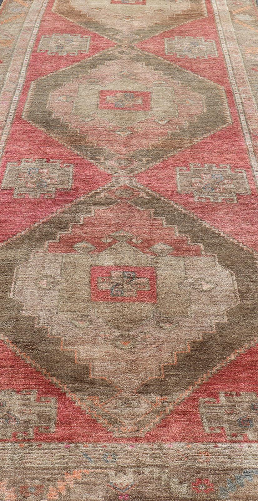 Long Gallery Turkish Vintage Runner with Medallion Design in Green, Pink  For Sale 2