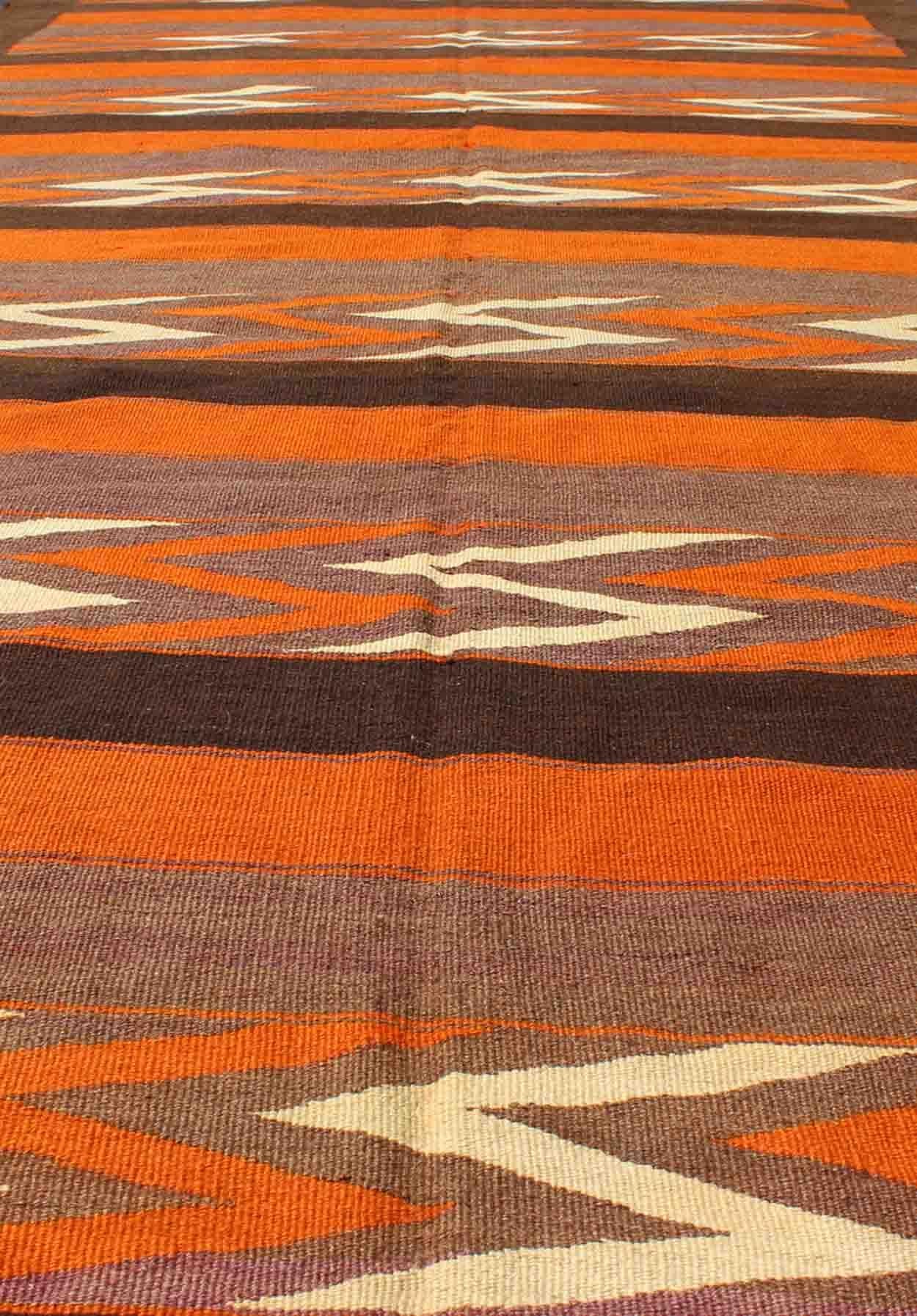 Long Gallery Vintage Persian Kilim Runner in Orange, Brown, Gray-Purple For Sale 3