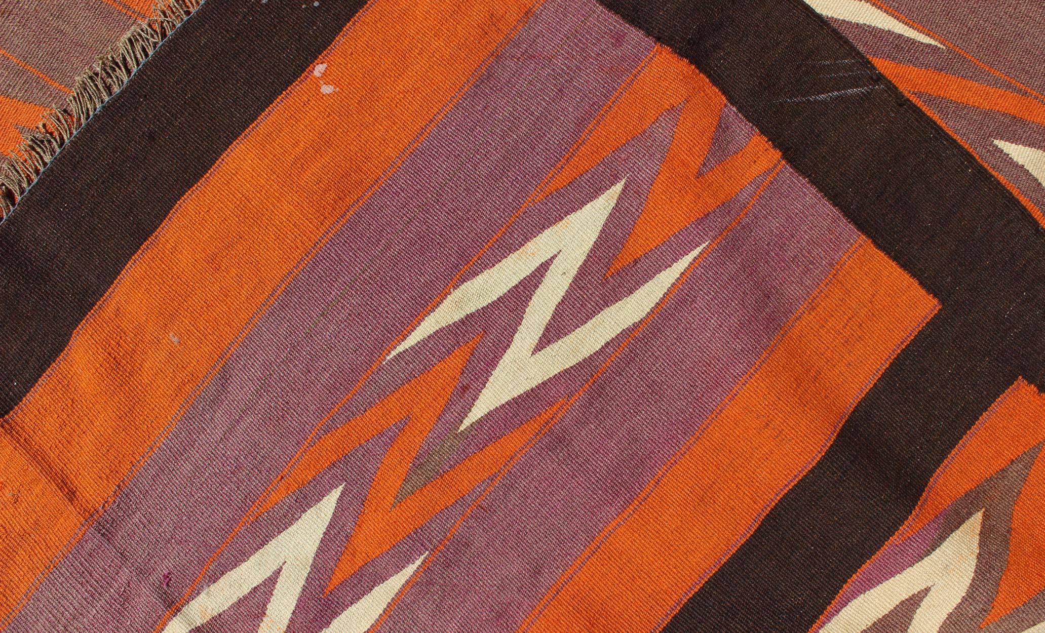 Long Gallery Vintage Persian Kilim Runner in Orange, Brown, Gray-Purple For Sale 6