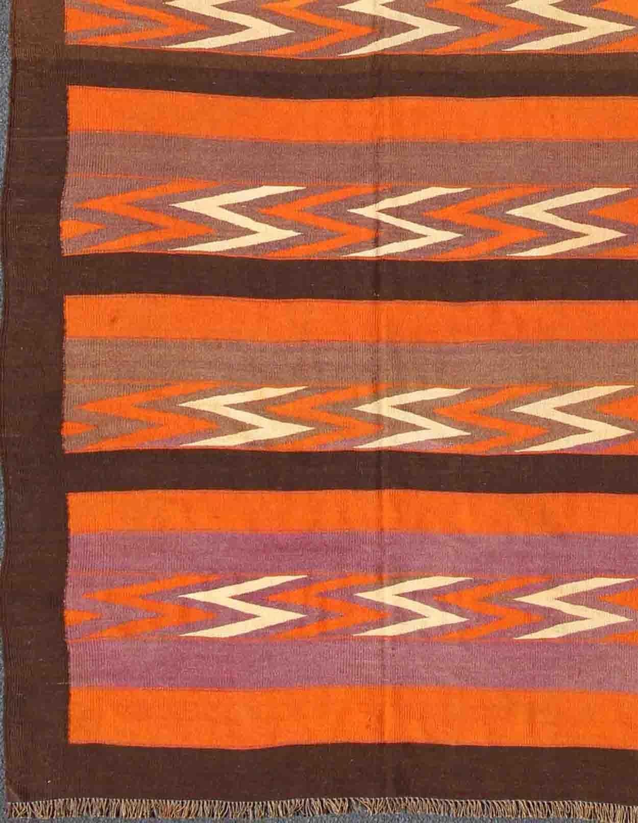 Long Gallery Vintage Persian Kilim Runner in Orange, Brown, Gray-Purple, H-1306-23, Long Vintage Kilim wide Runner with a Modern Design. This large Gallery vintage Persian Kilim runner in orange, brown, gray-purple, rug h-1306-23, country of origin