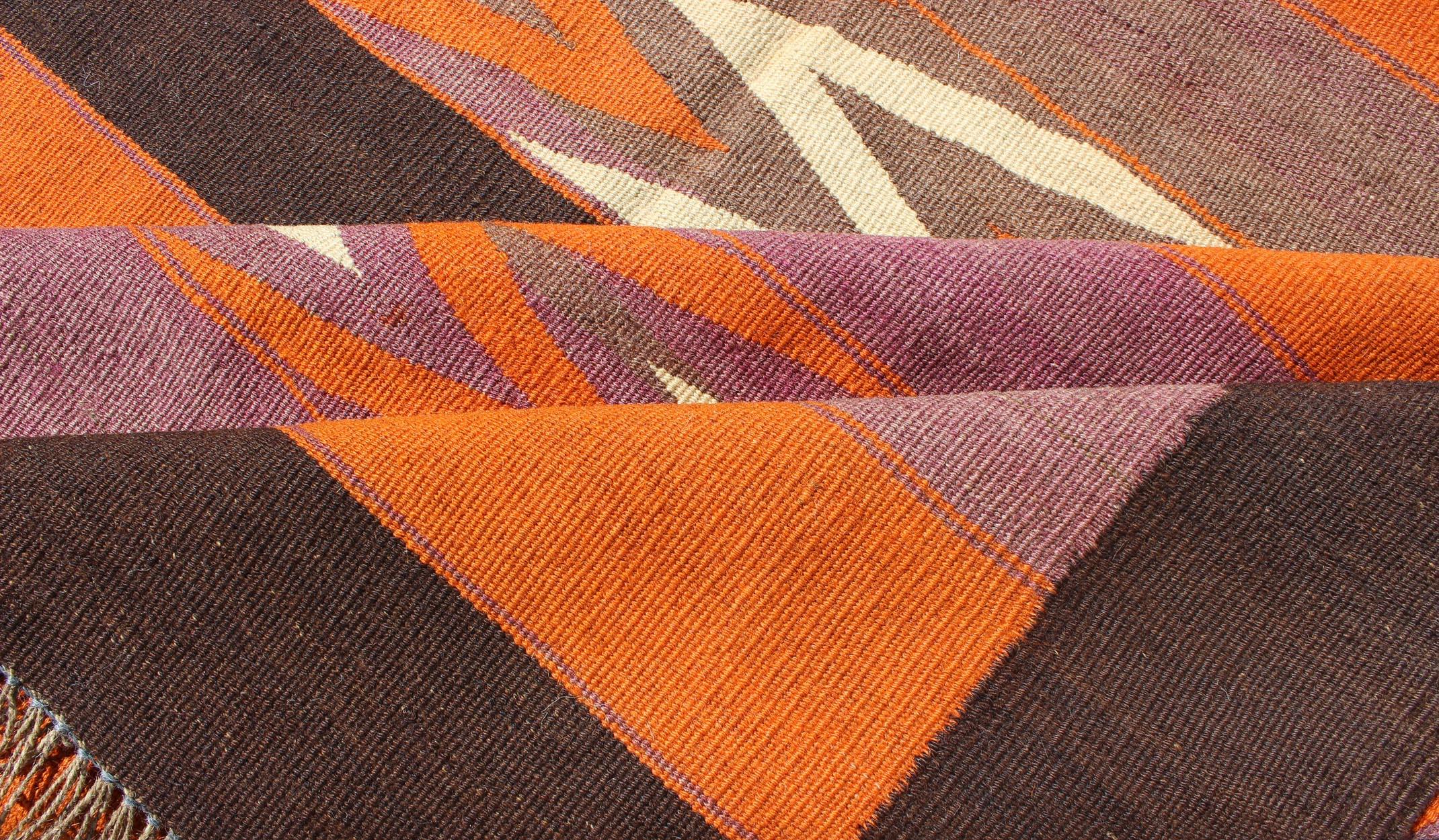 Long Gallery Vintage Persian Kilim Runner in Orange, Brown, Gray-Purple In Excellent Condition For Sale In Atlanta, GA