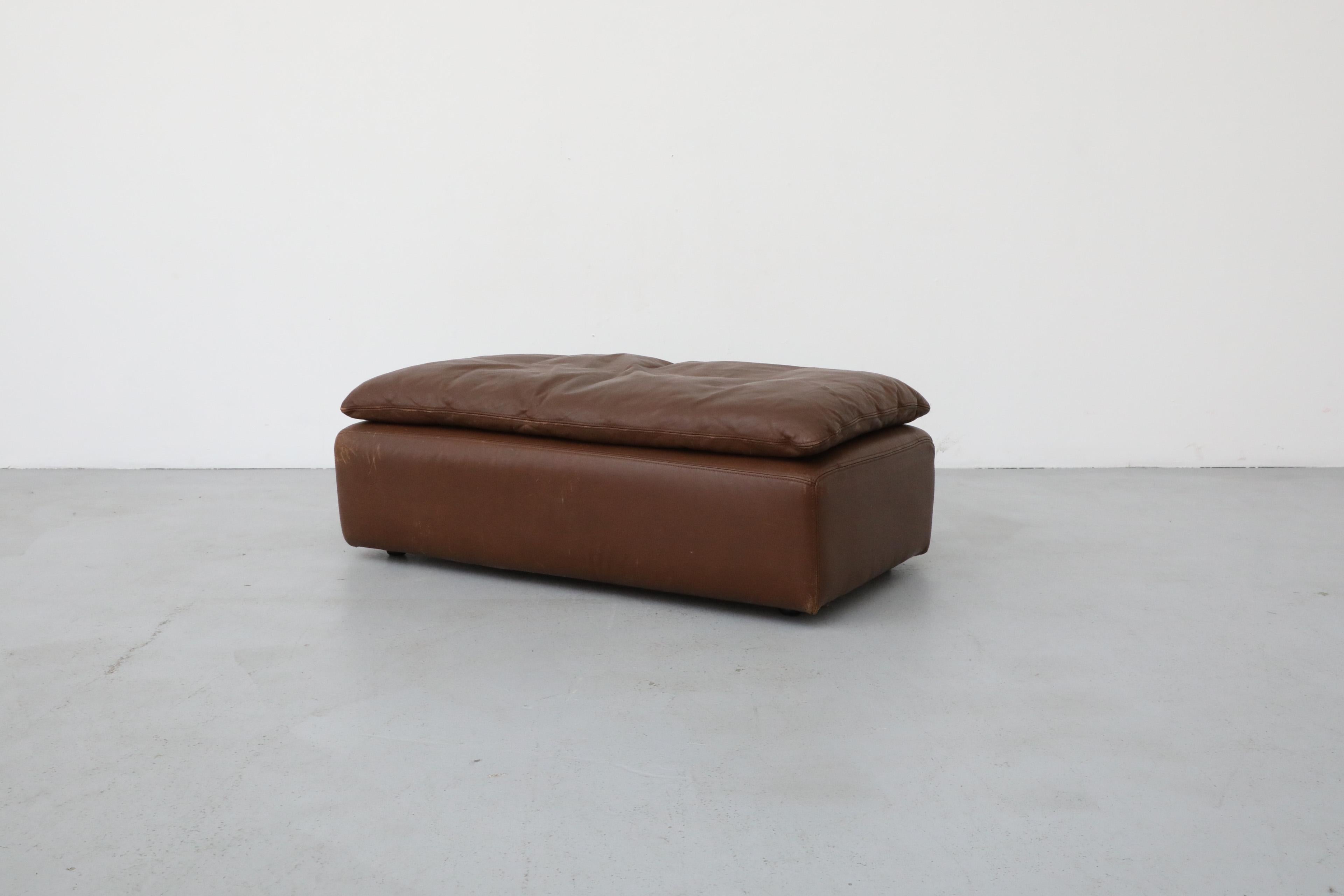 Dutch Long Gelderland Brown Leather Ottoman with Top Cushion For Sale